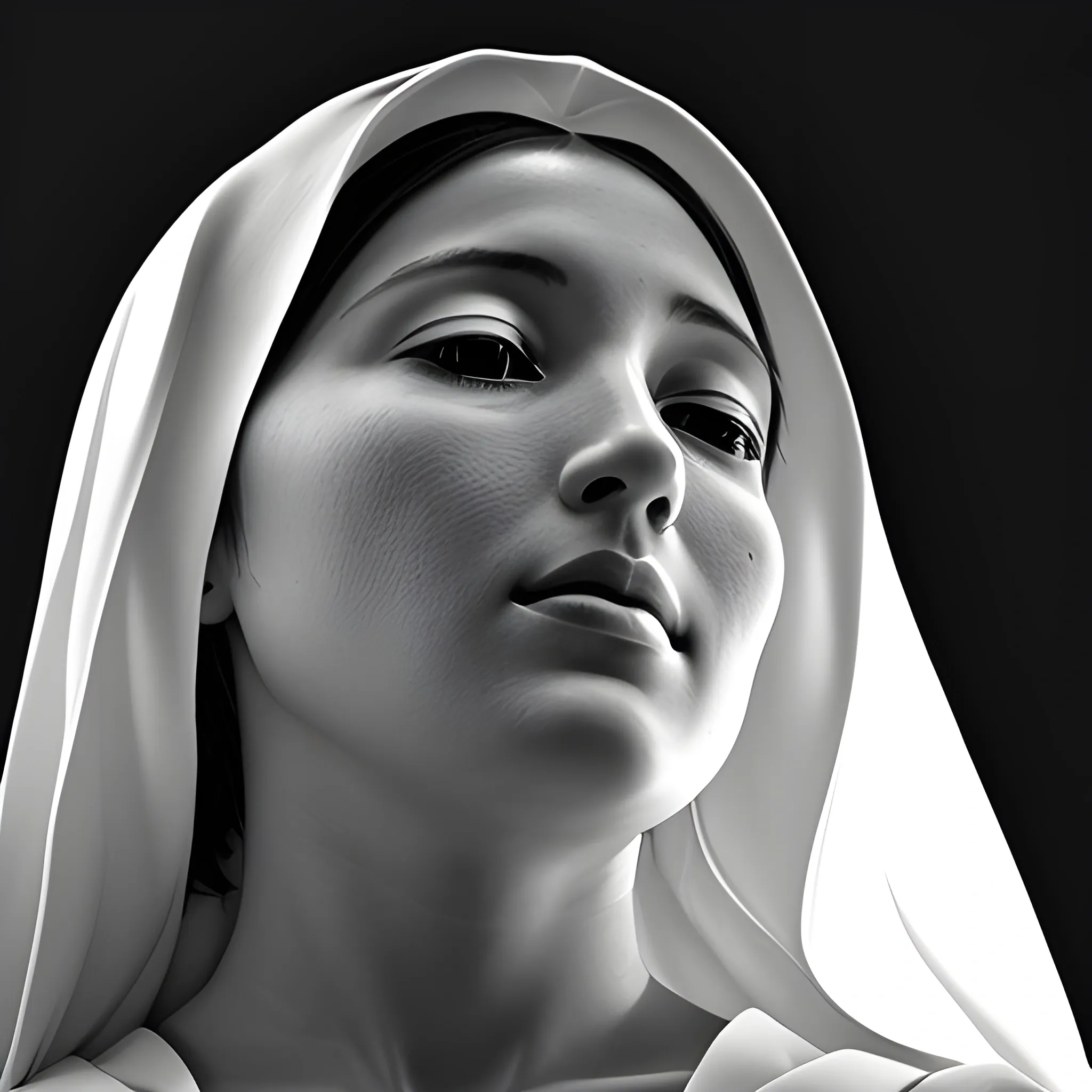 Serene Mama Mary side profile bright face looking up in black and white