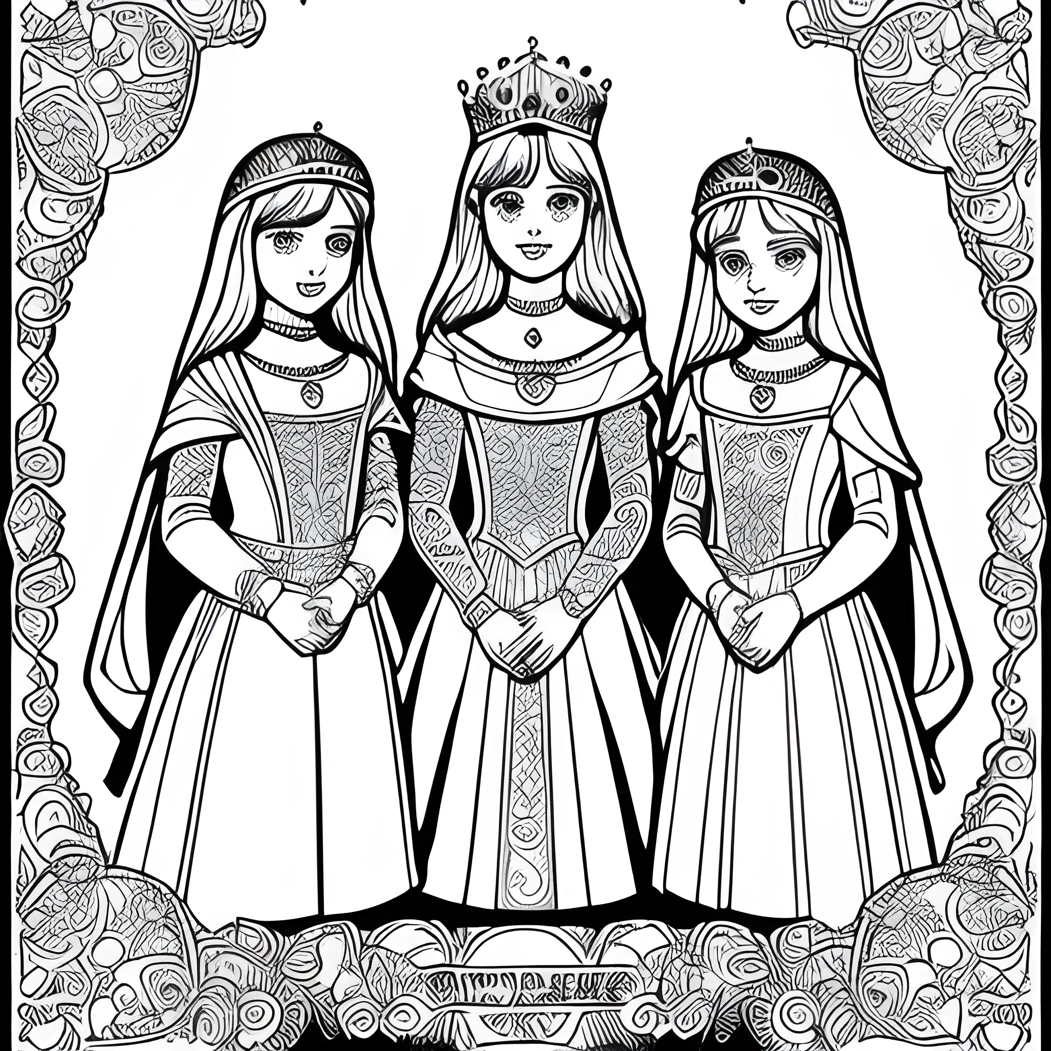 Colouring page, 3 sisters, not any princesses, they shouldn't be wearing a lot of jewellery, 
