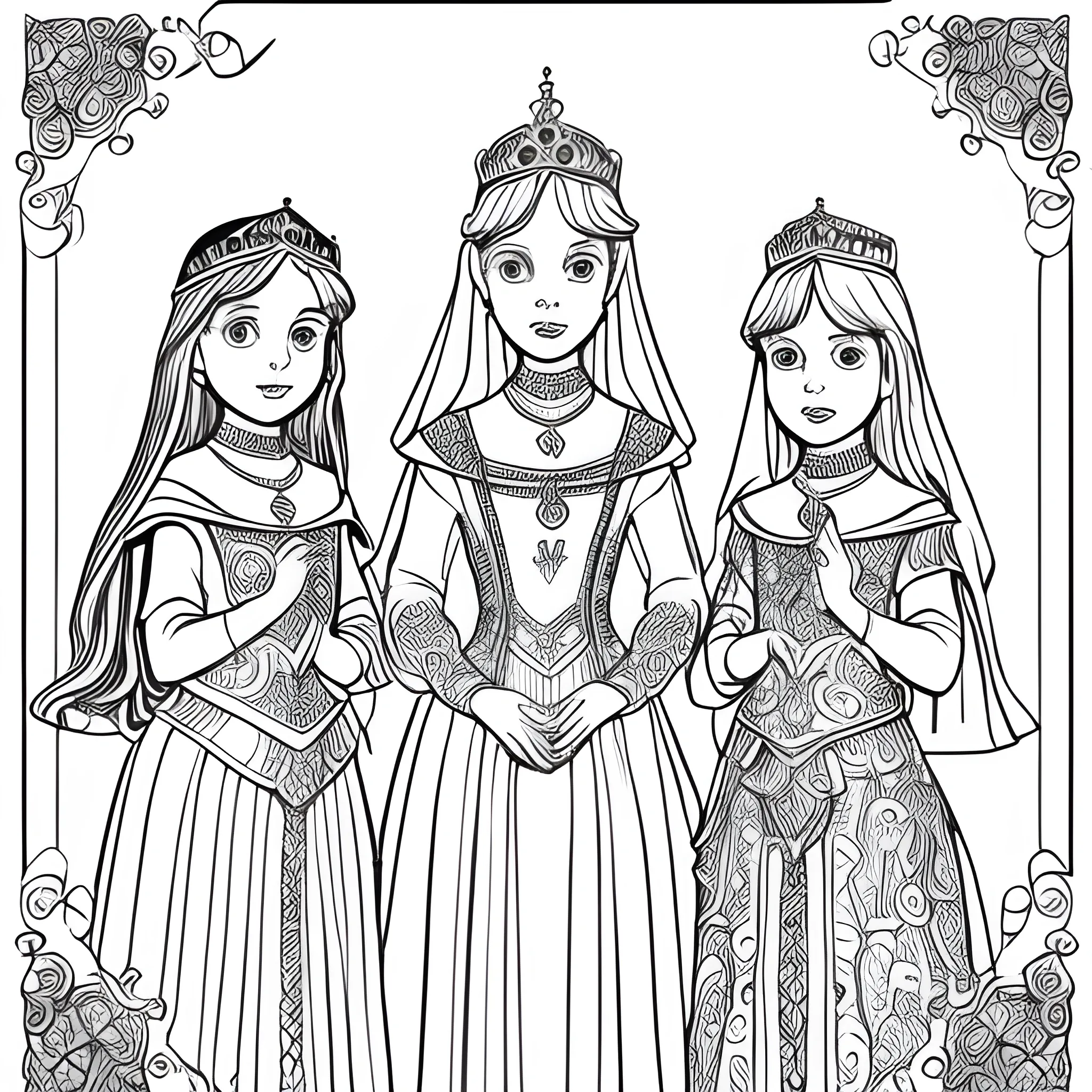 Colouring page, 3 sisters, not any princesses, they shouldn't be wearing a lot of jewellery, mordern
