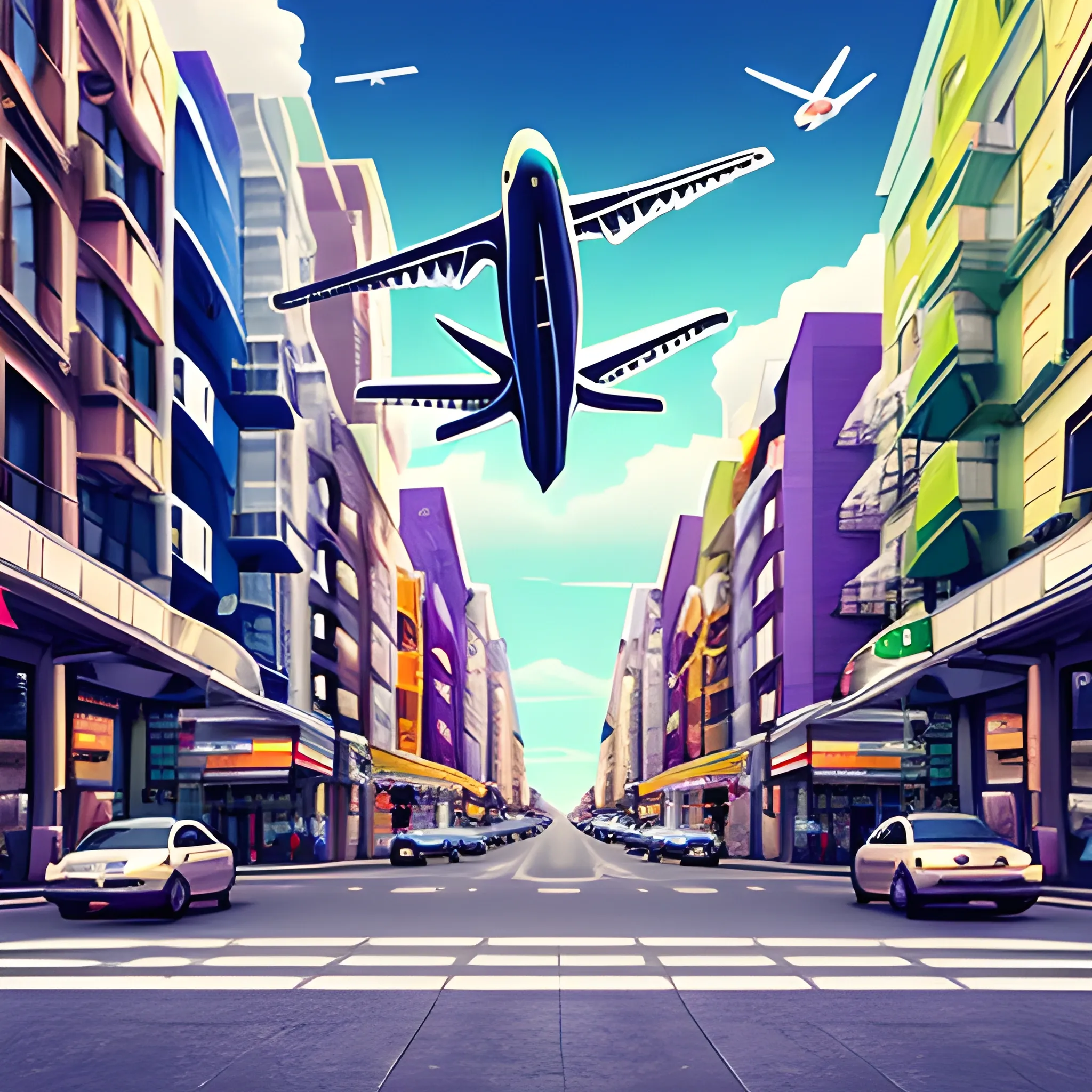 realistic, airplain in a busy street
, Trippy