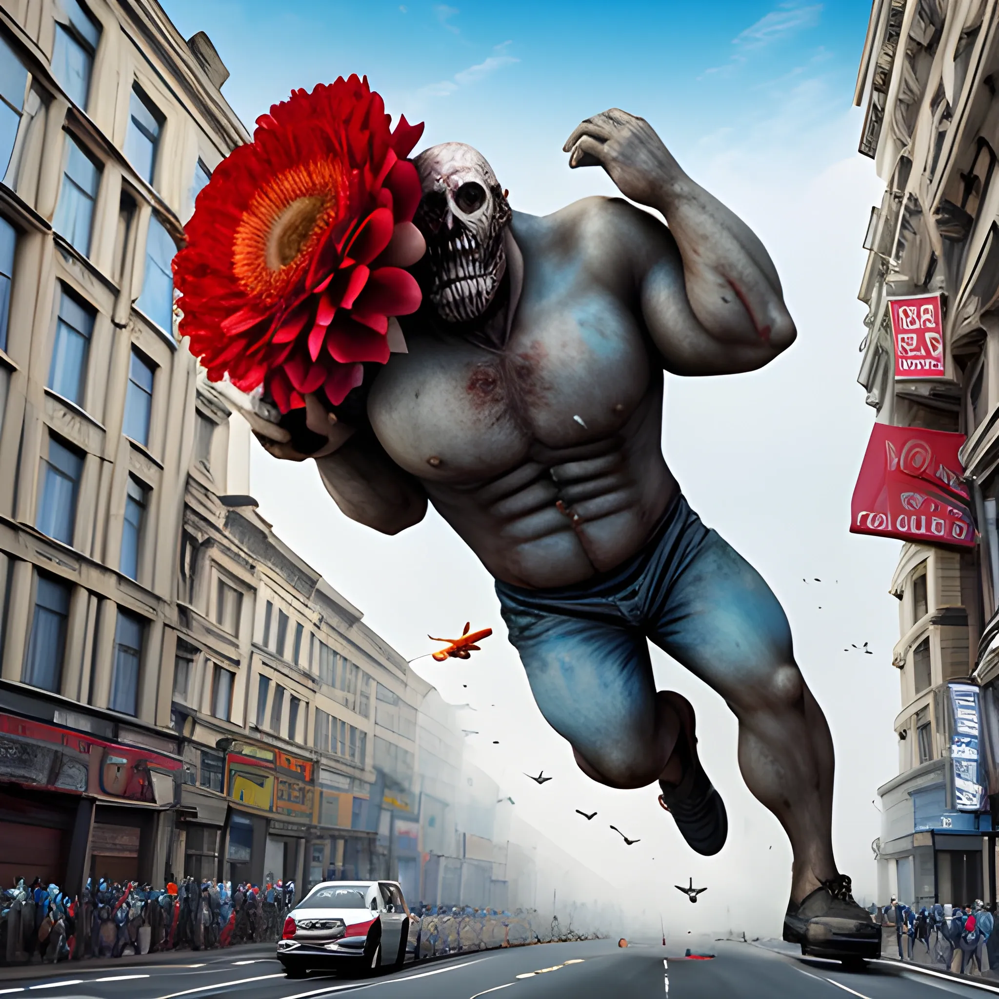 realistic,scary,big airplain crash in a busy street,big chaos,giant man holds a red flower
