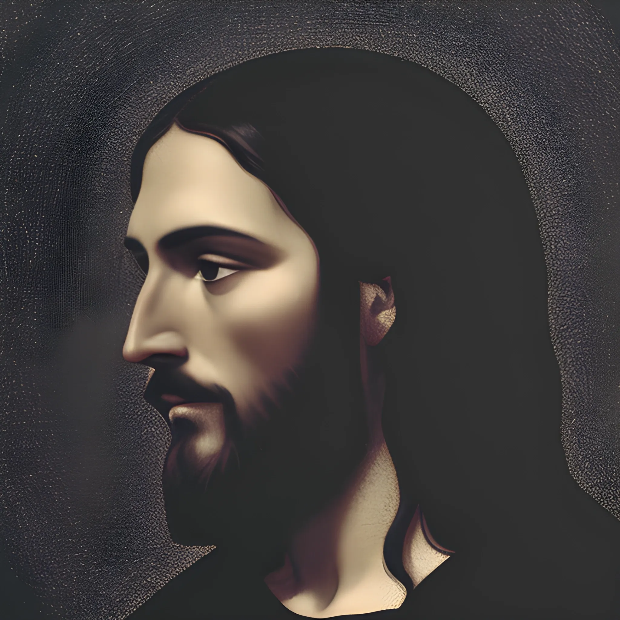 Jesus Christ fervently praying in a semi side profile with half face visible and half face dark in a black background