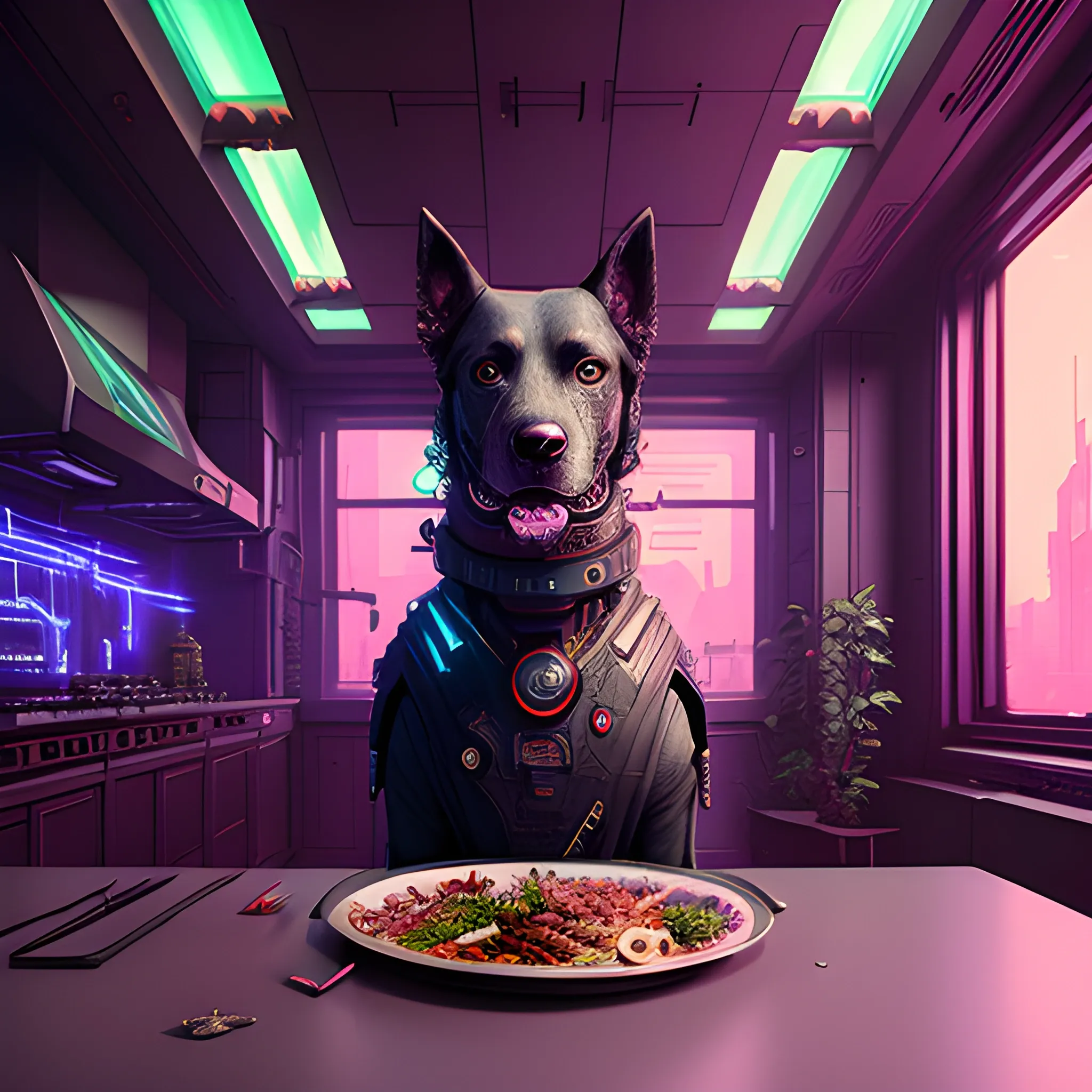 cyberpunk dog by greg rutkowski and wlop, purple red color scheme, high key lighting, digital art, highly detailed, fine detail, intricate, ornate, complex eating in 
a modern house architecture blueprint 