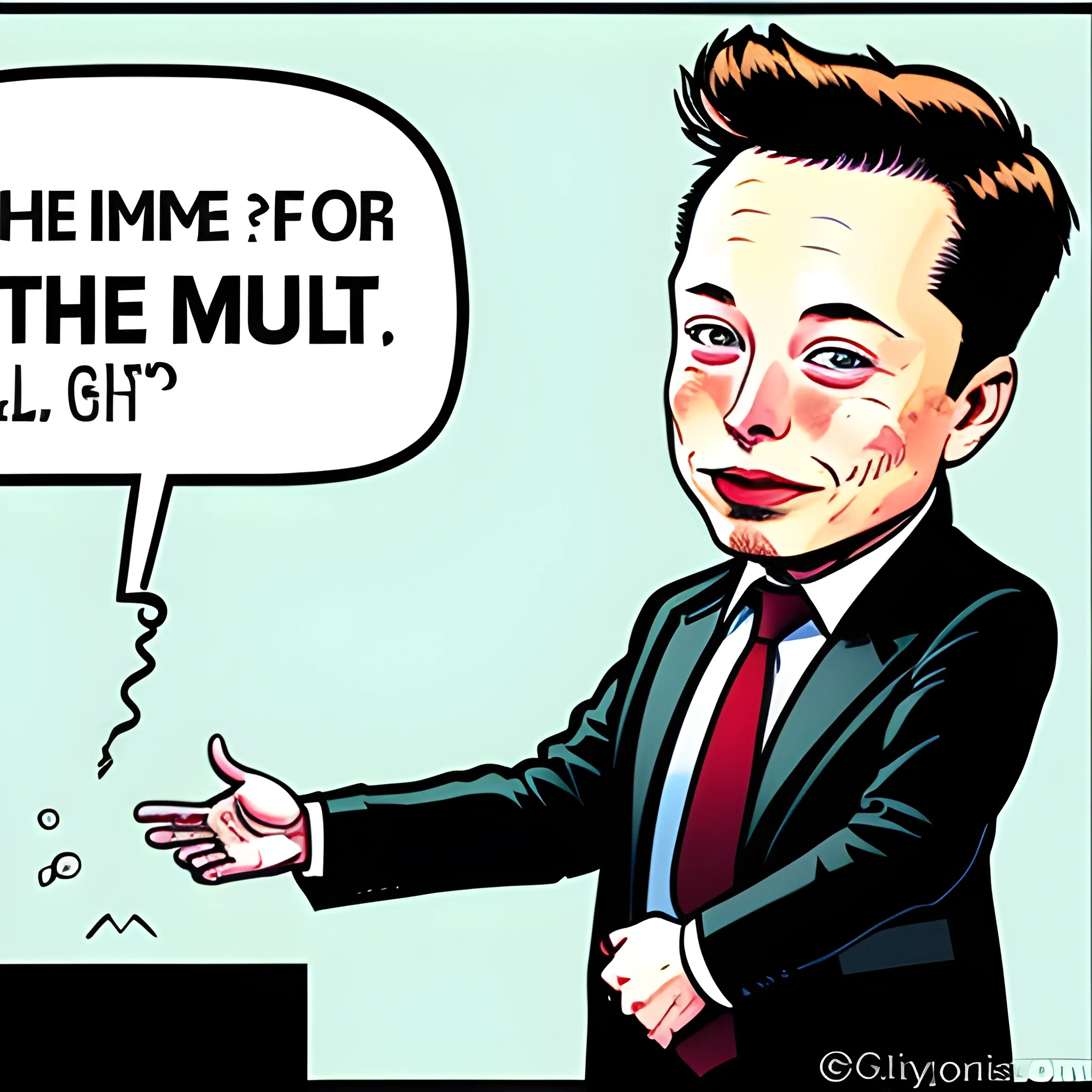 Elon Musk stands pressing the buy button. Cartoon