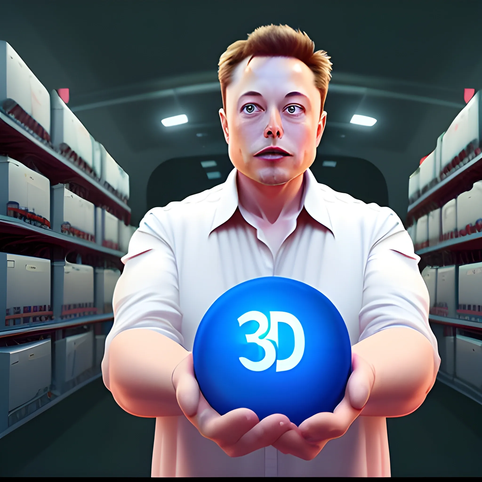 Elon Musk stands pressing the buy button. 3D,Cartoon