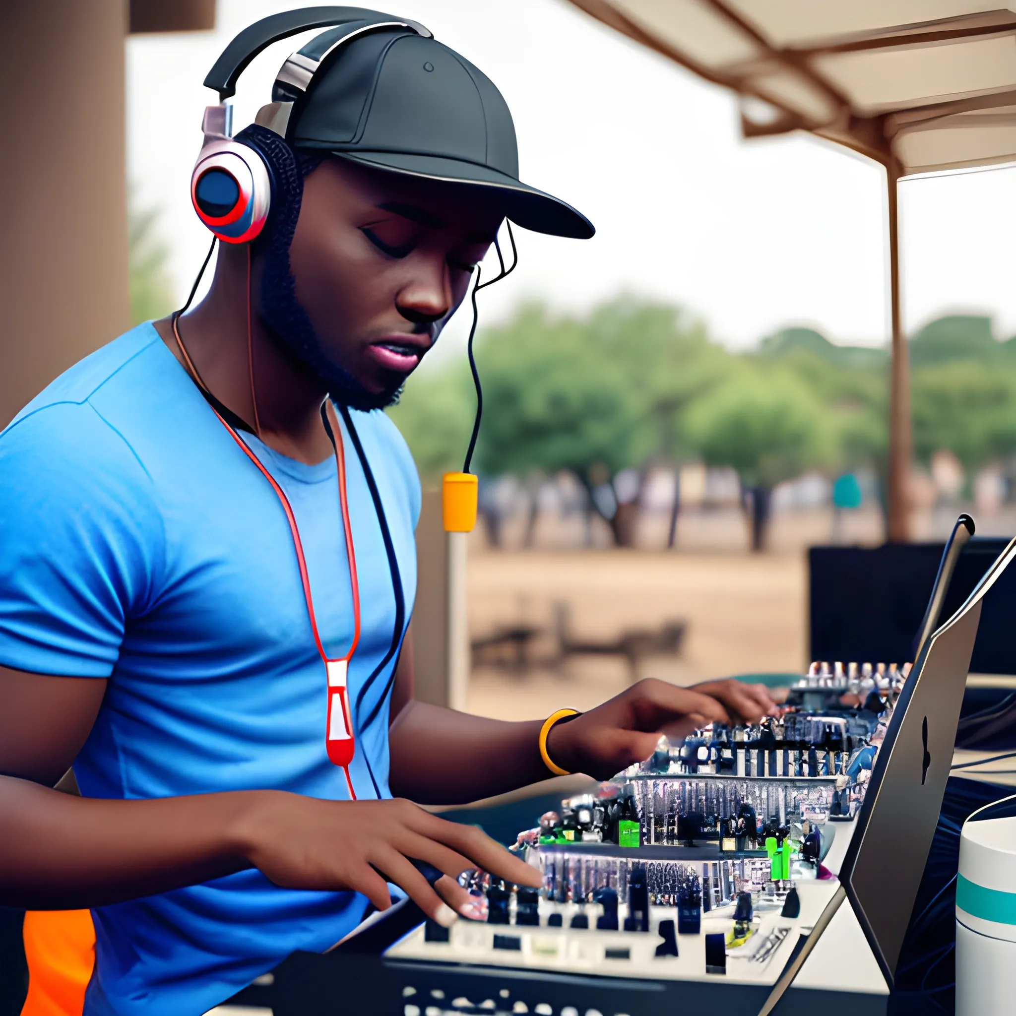 African Male DJ Mixing Wearing Cap with headphones