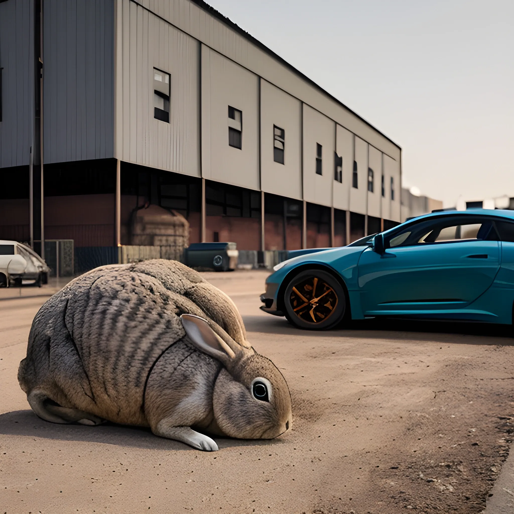 large crushed rabbit in the foreground with factory in the background and blurred fast car, photography
