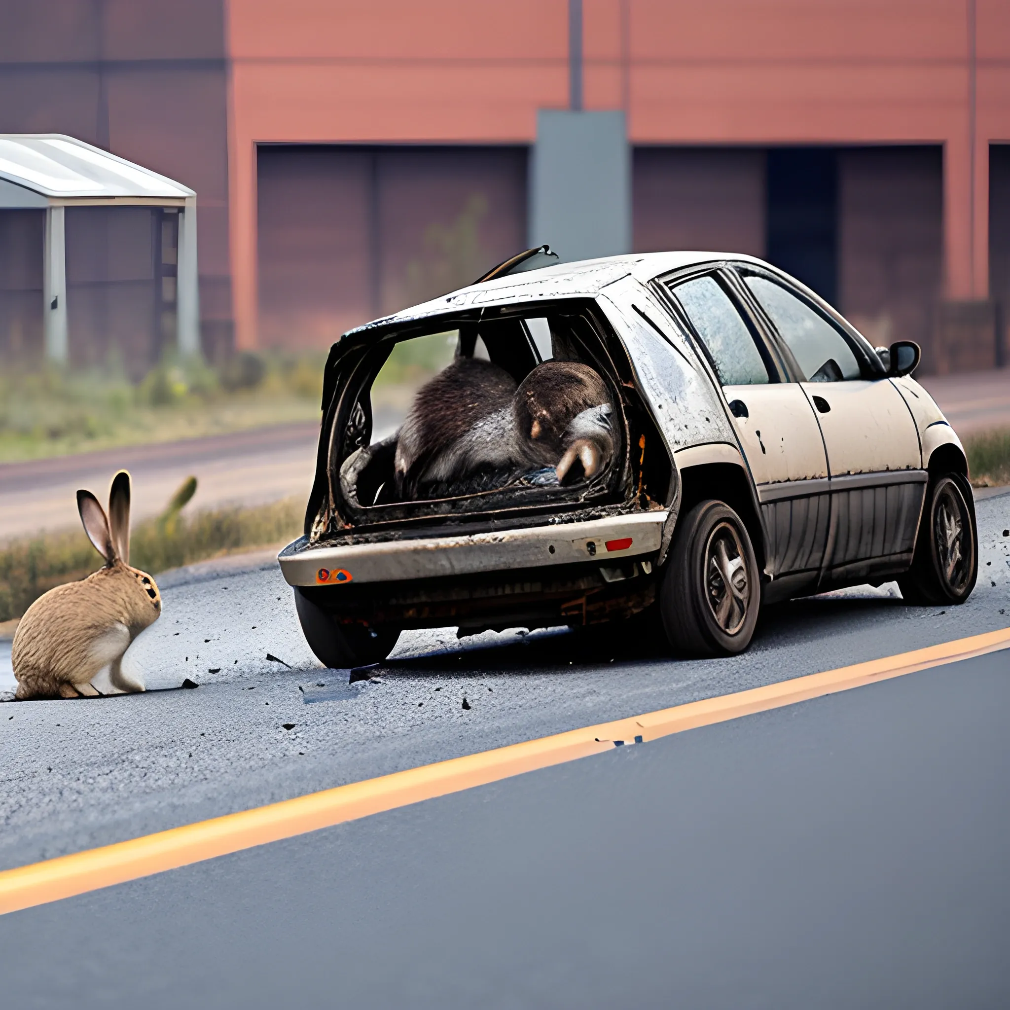 one moving car crushes a rabbit on the road, factory background, photography