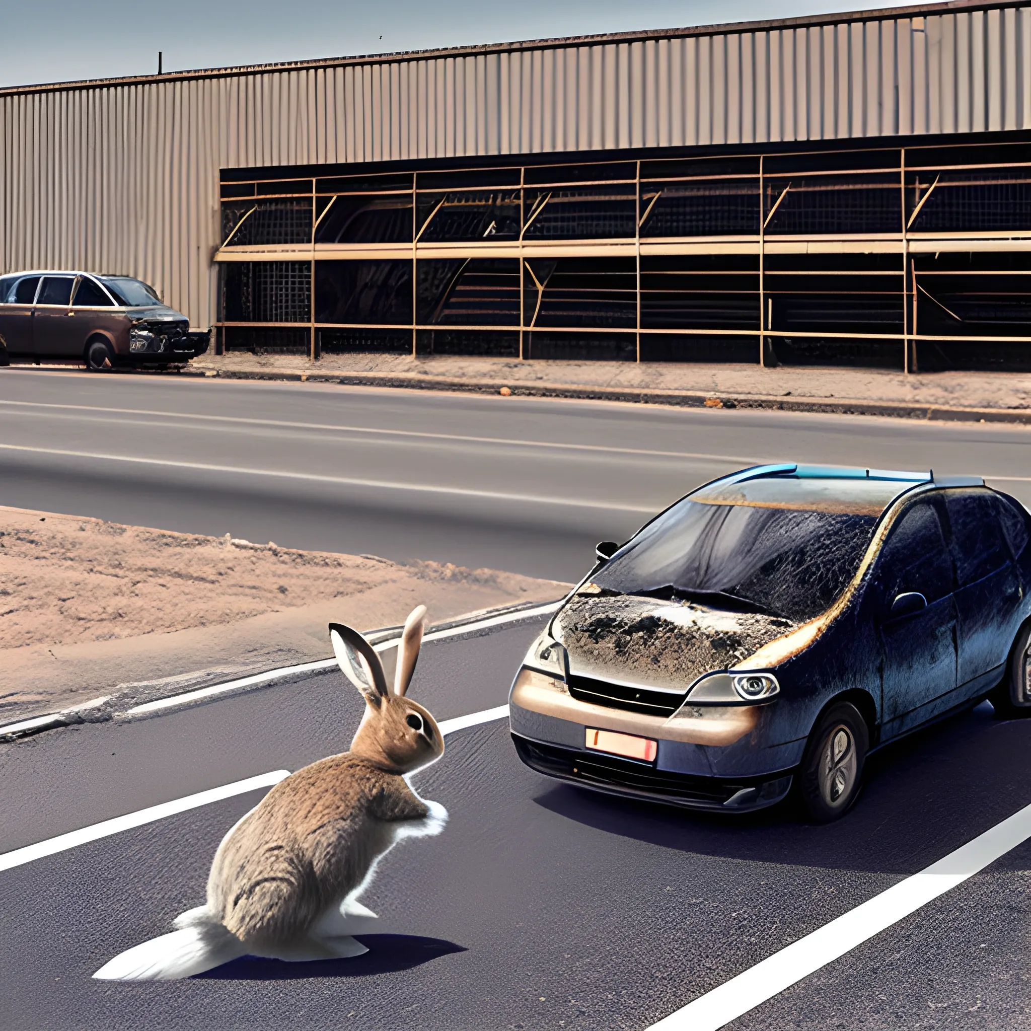 one moving car crushes a rabbit on the road, factory background, photography