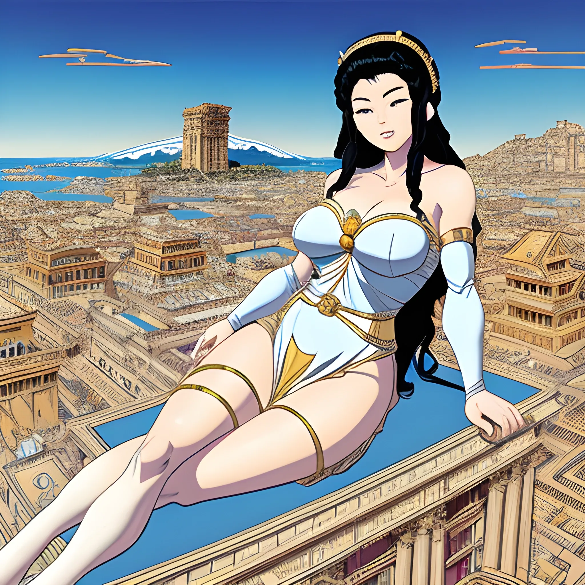 Giant Japanese woman dressed as a roman goddess, laying on a mountain looking over the building city of Atlantis, eyes are white, hair is black, city has roman architecture, drawn in Jean Giraud art style