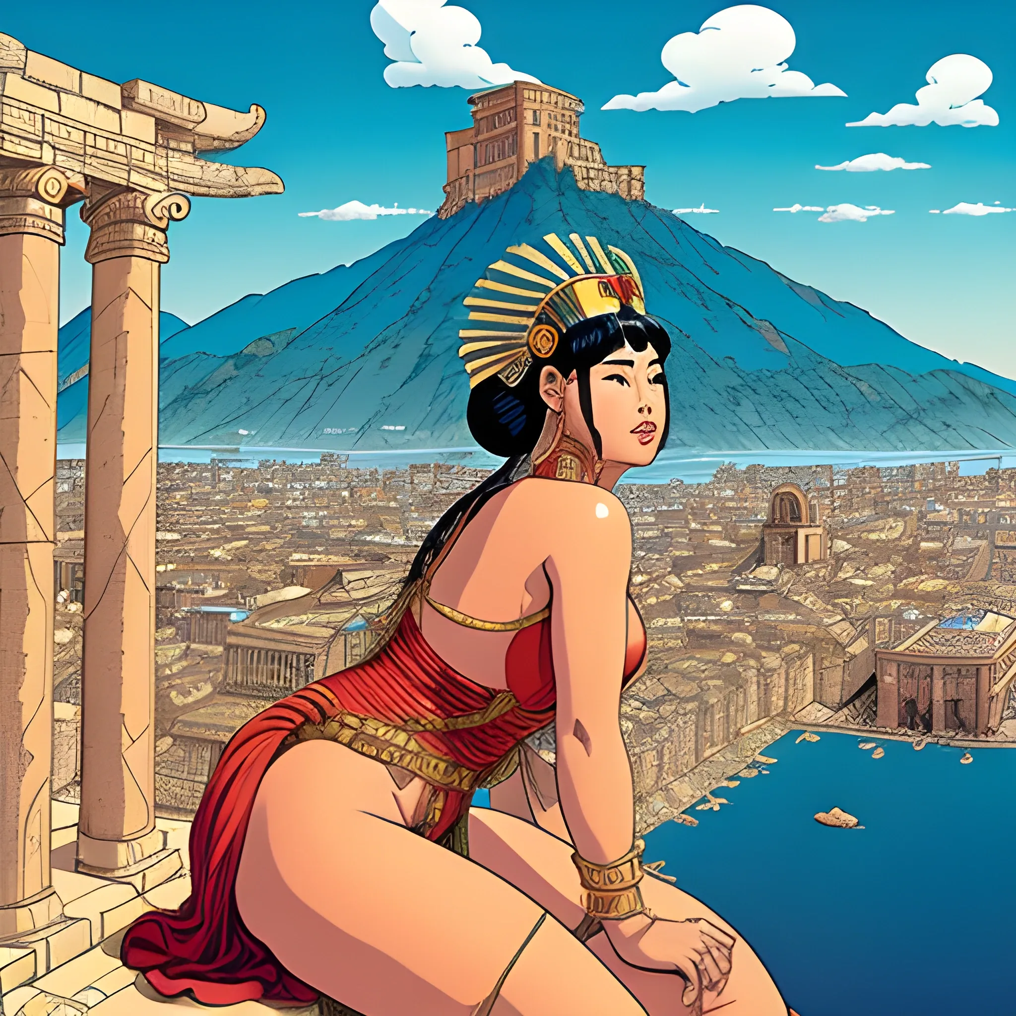 Giant asian woman dressed as a roman goddess wearing latin american headdress, resting on a mountain looking over the building city of Atlantis, eyes are white, city has roman architecture, drawn in Jean Giraud art style, side view