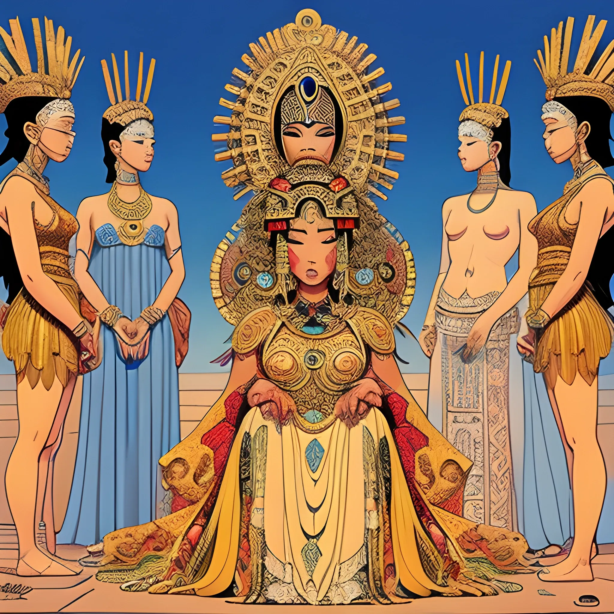 scribes from around the world looking, with there backs turned ,at a giant asian goddess the dressed in greek clothing, a latin American head dress, and Arab jewelry covering her eyes with her hands out, drawn in Jean Giraud art style