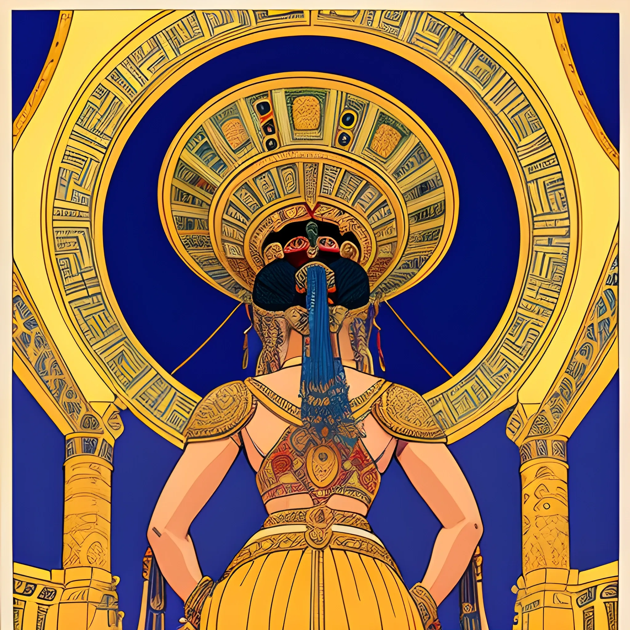 male scribes from around the world looking up at, with there backs turned ,at a giant asian goddess the dressed in greek clothing, a latin American head dress, and Arab jewelry covering her eyes with her hands out, drawn in Jean Giraud art style