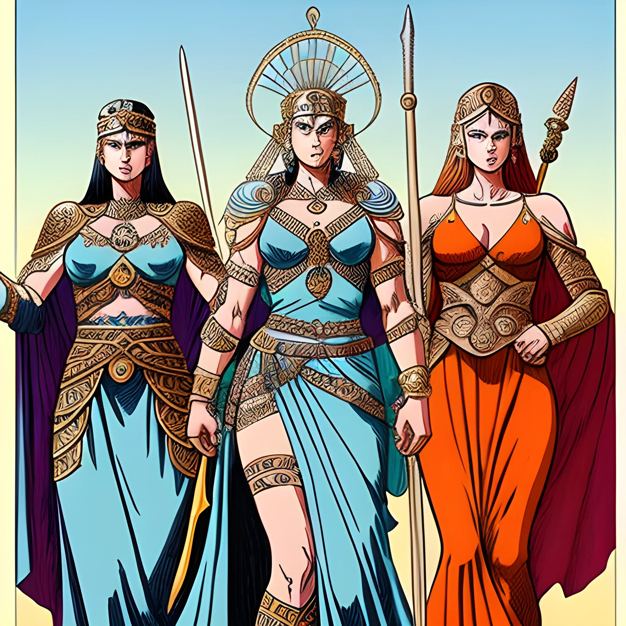 four female titans, one asian dressed in Persian clothes with a latin American head dress, one white female titan in Celtic warrior clothing, one blindfolding dressed as a roman goddess of wealth, all extremely tall, drawn in Jean Giraud art style