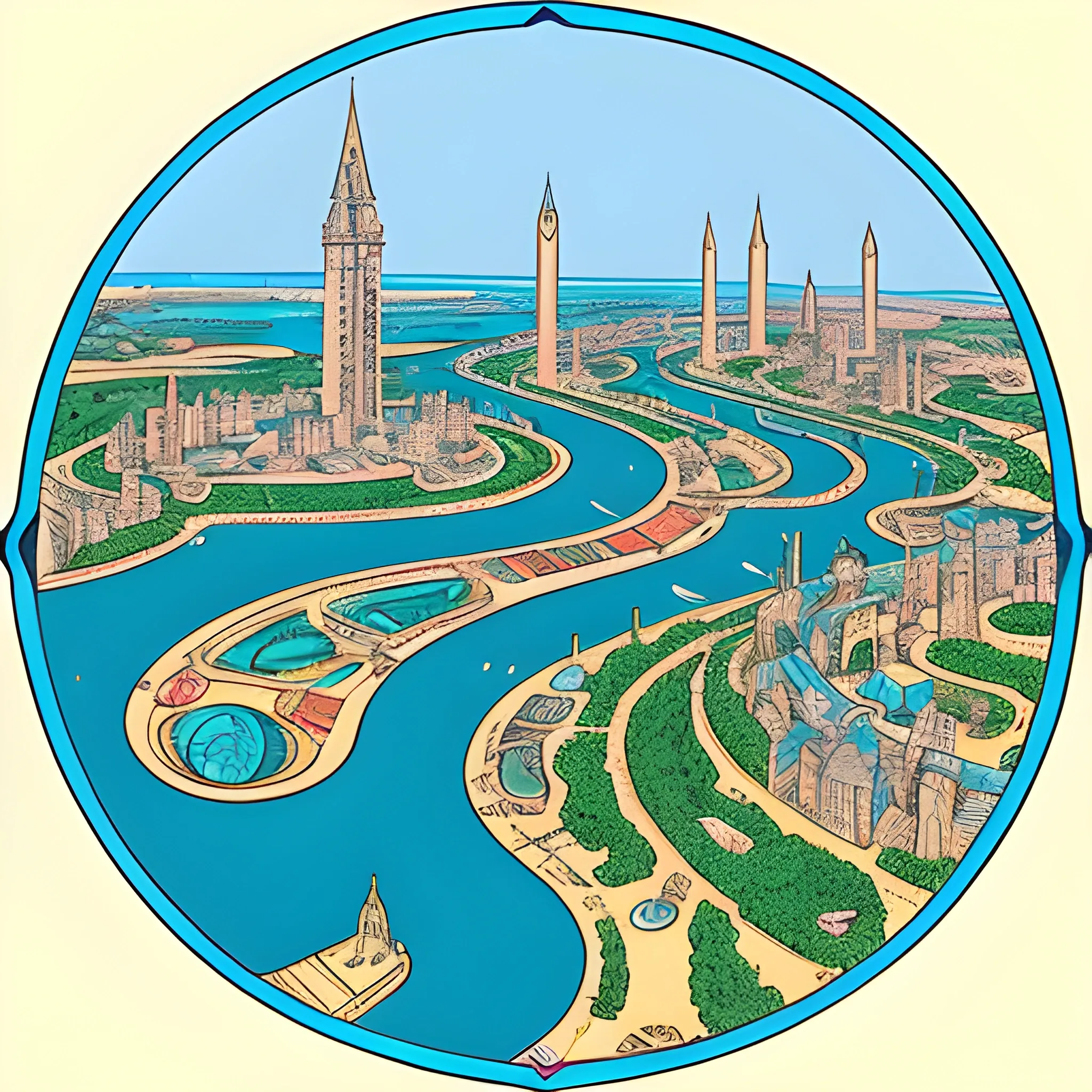 A 1960's city of Atlantis, three circular rivers with canals, drawn in Jean Giraud art style