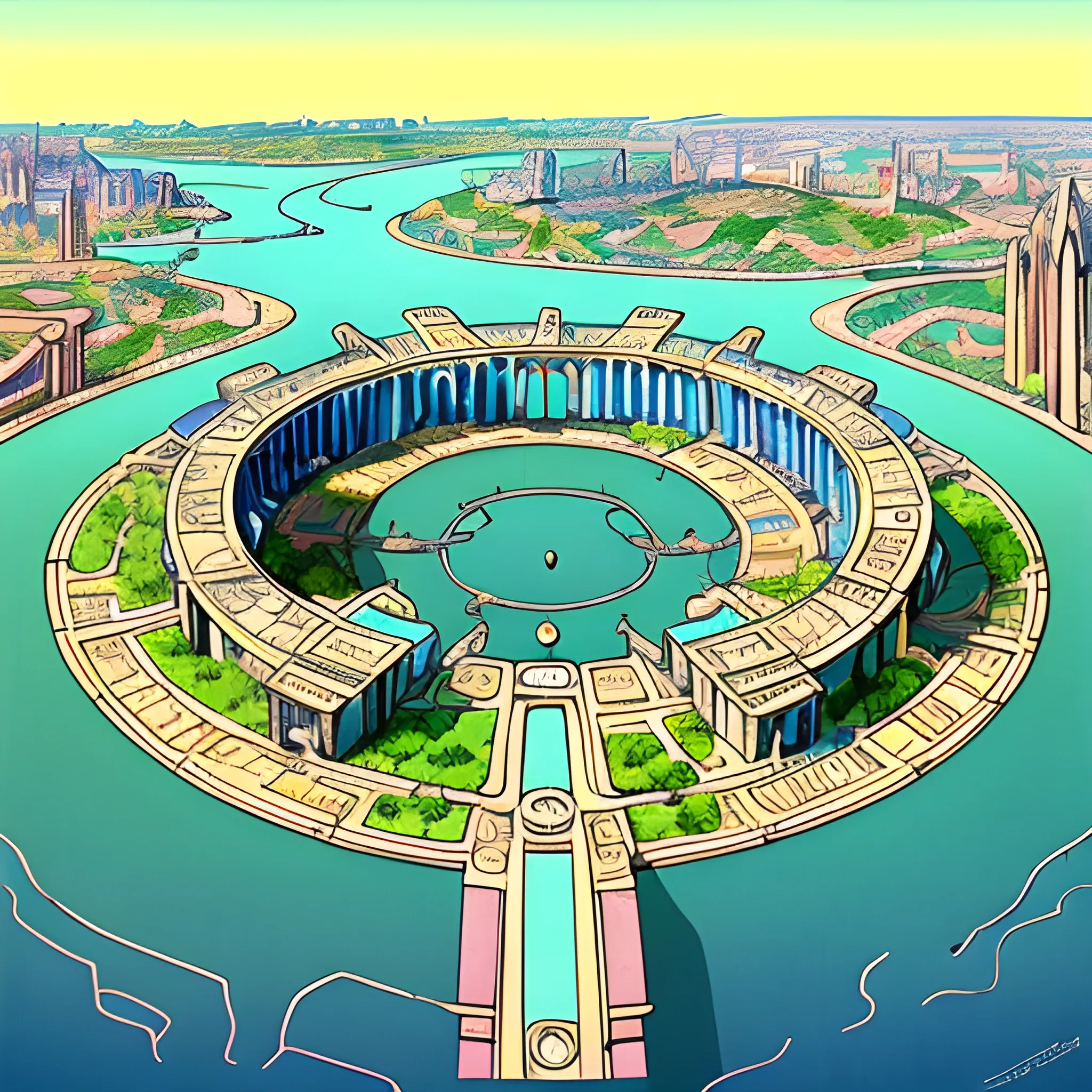 A 1960's city of Atlantis, three circular rivers with canals, drawn in Jean Giraud art style, areal view