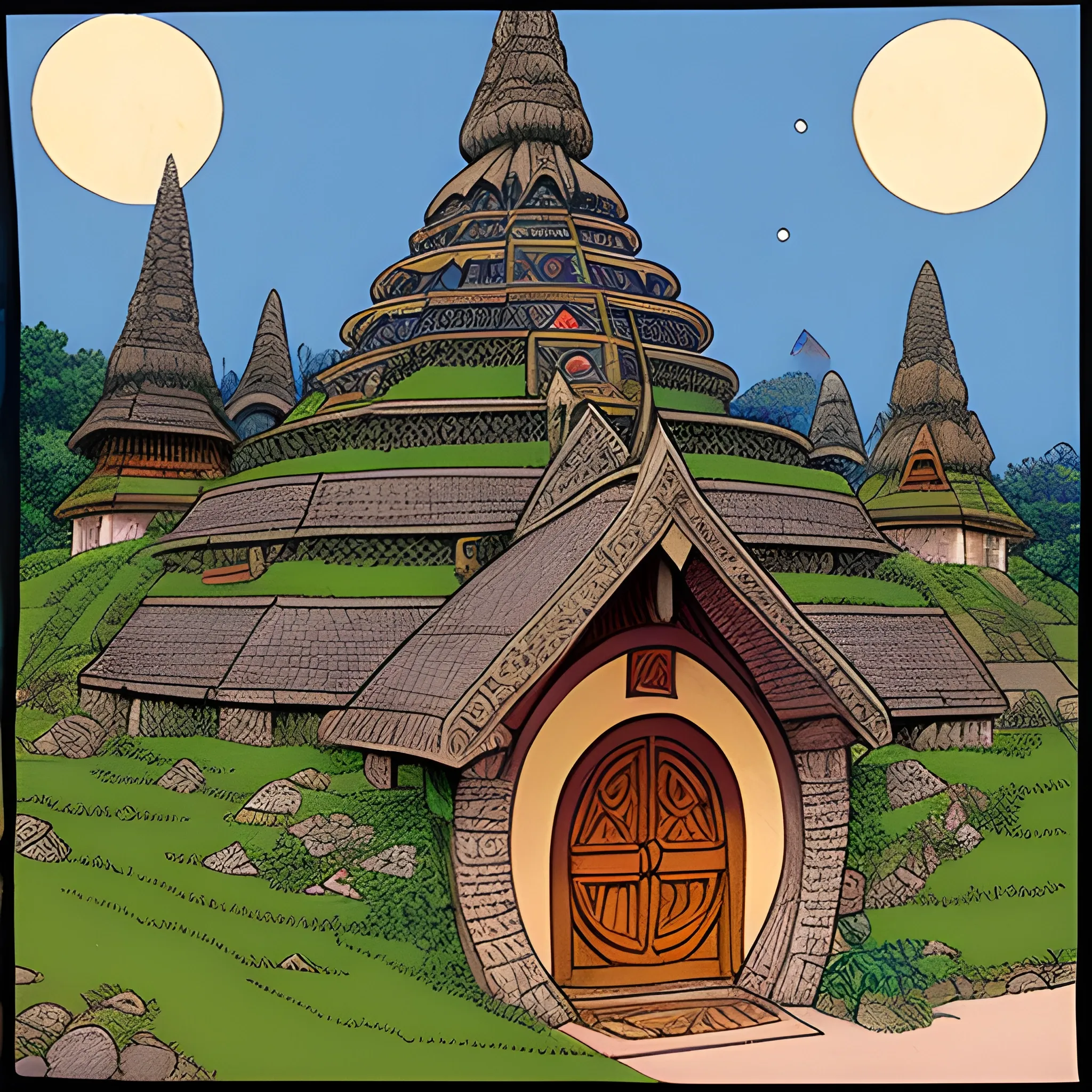 hobbit village from lord of the rings but with hindu architecture in Indonesia, drawn in Jean Giraud art style