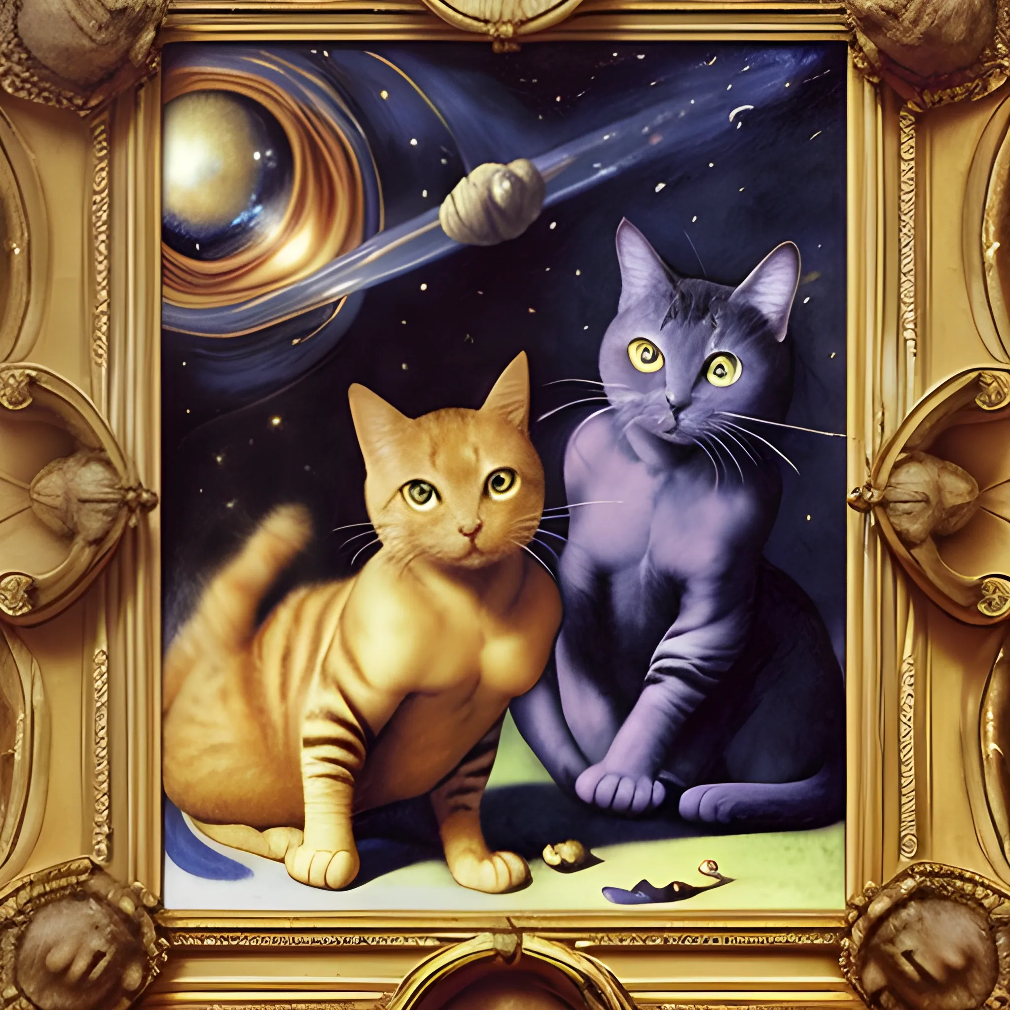 a couple of cats playing with another cats, 8K, art by Artemisia Gentileschi, whimsical, art by Albrecht Dürer, intricate picture frame, art by Paul Gauguin, art by Nicolas Poussin, art by Tiziano Vecellio Di Gregorio, galaxies exploding