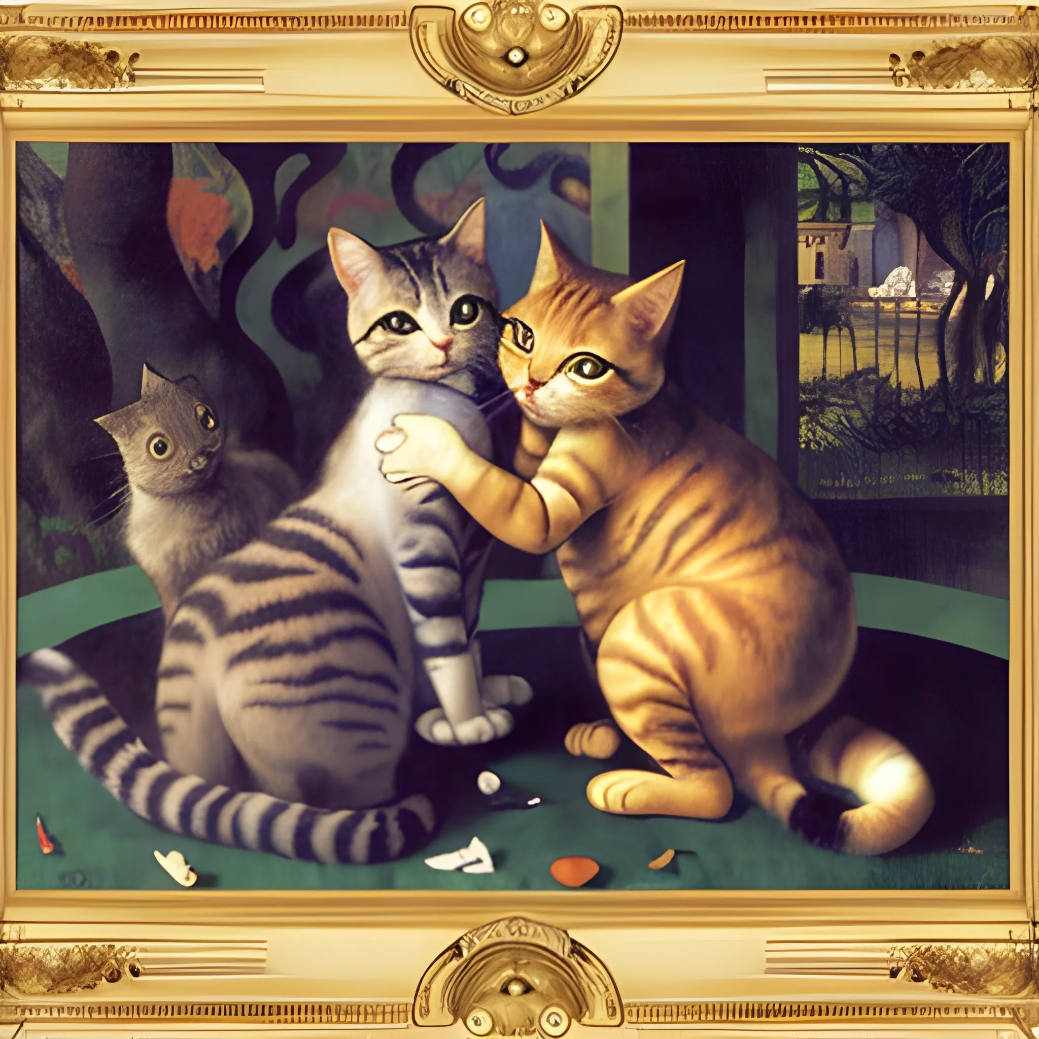 a couple of cats playing with another cats, 8K, art by Artemisia Gentileschi, whimsical, art by Albrecht Dürer, intricate picture frame, art by Paul Gauguin, art by Nicolas Poussin, art by Tiziano Vecellio Di Gregorio