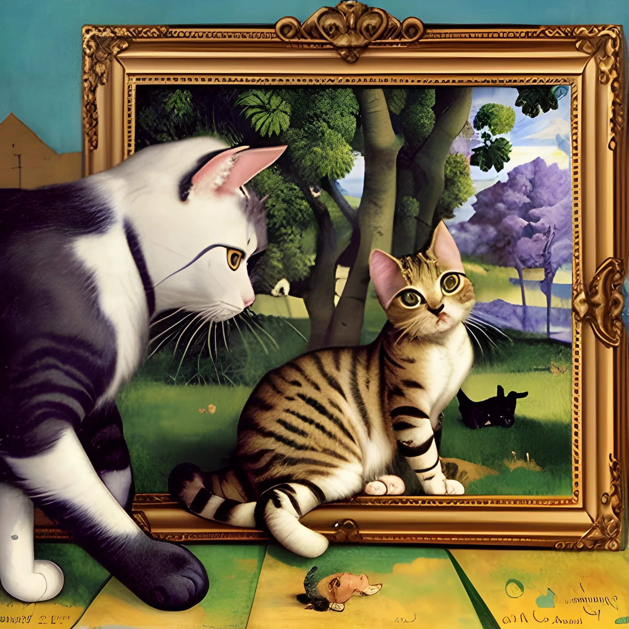 cat playing with another cat, 4K, art by Artemisia Gentileschi, whimsical, art by Albrecht Dürer, intricate picture frame, art by Paul Gauguin, art by Nicolas Poussin, art by Tiziano Vecellio Di Gregorio