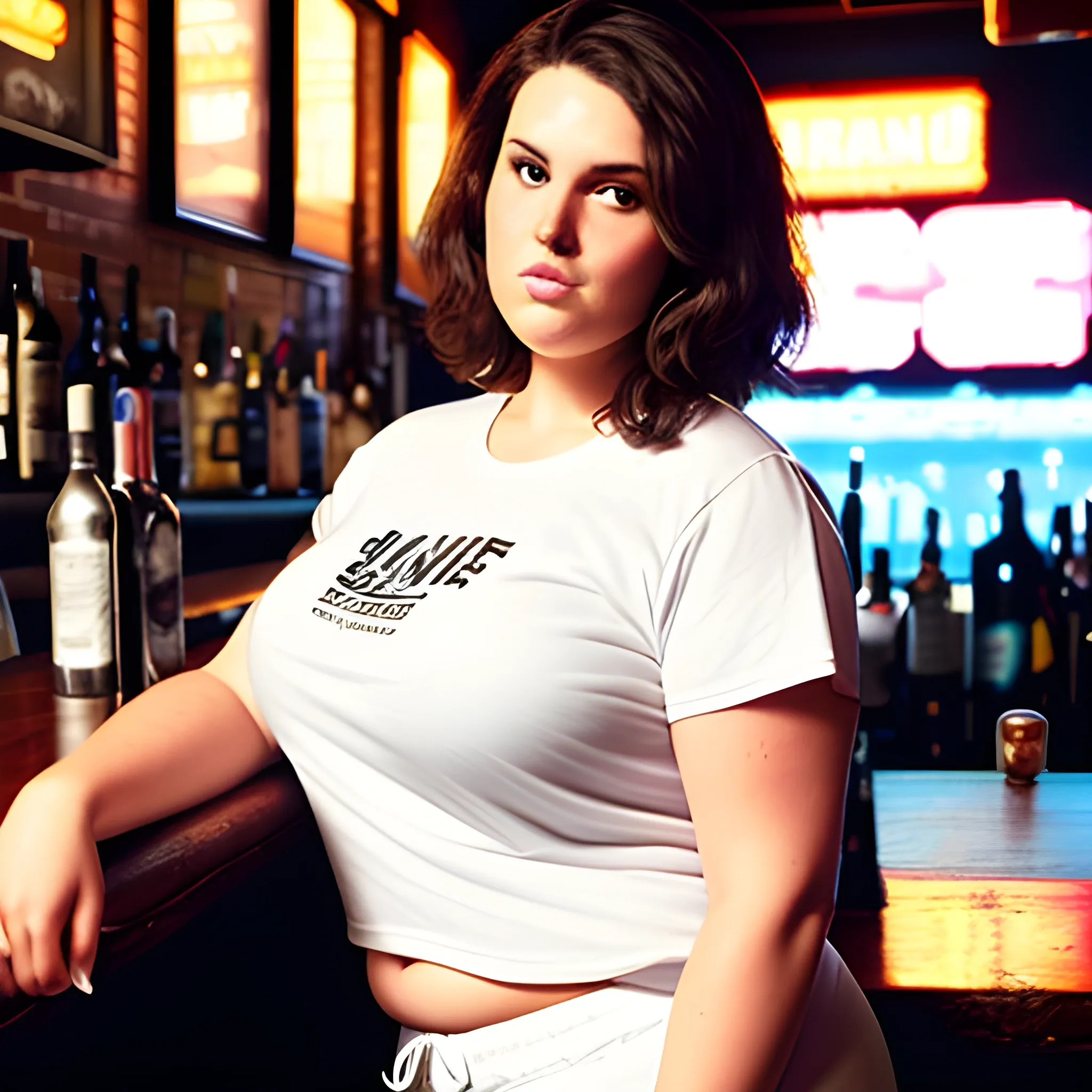 tall plus size brunette 31 year old bartender


with short hair

wearing a white tshirt and sweatpants
in a dive bar in brooklyn
