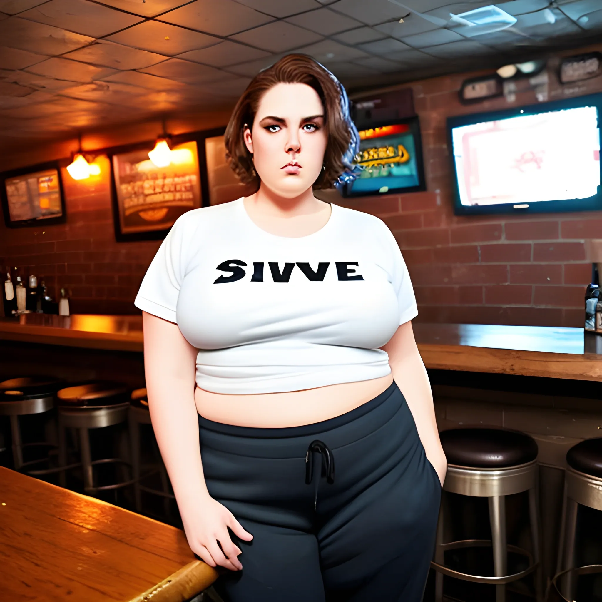 tall plus size brunette 31 year old bartender


with short hair

wearing a white tshirt and sweatpants
in a dive bar in brooklyn
