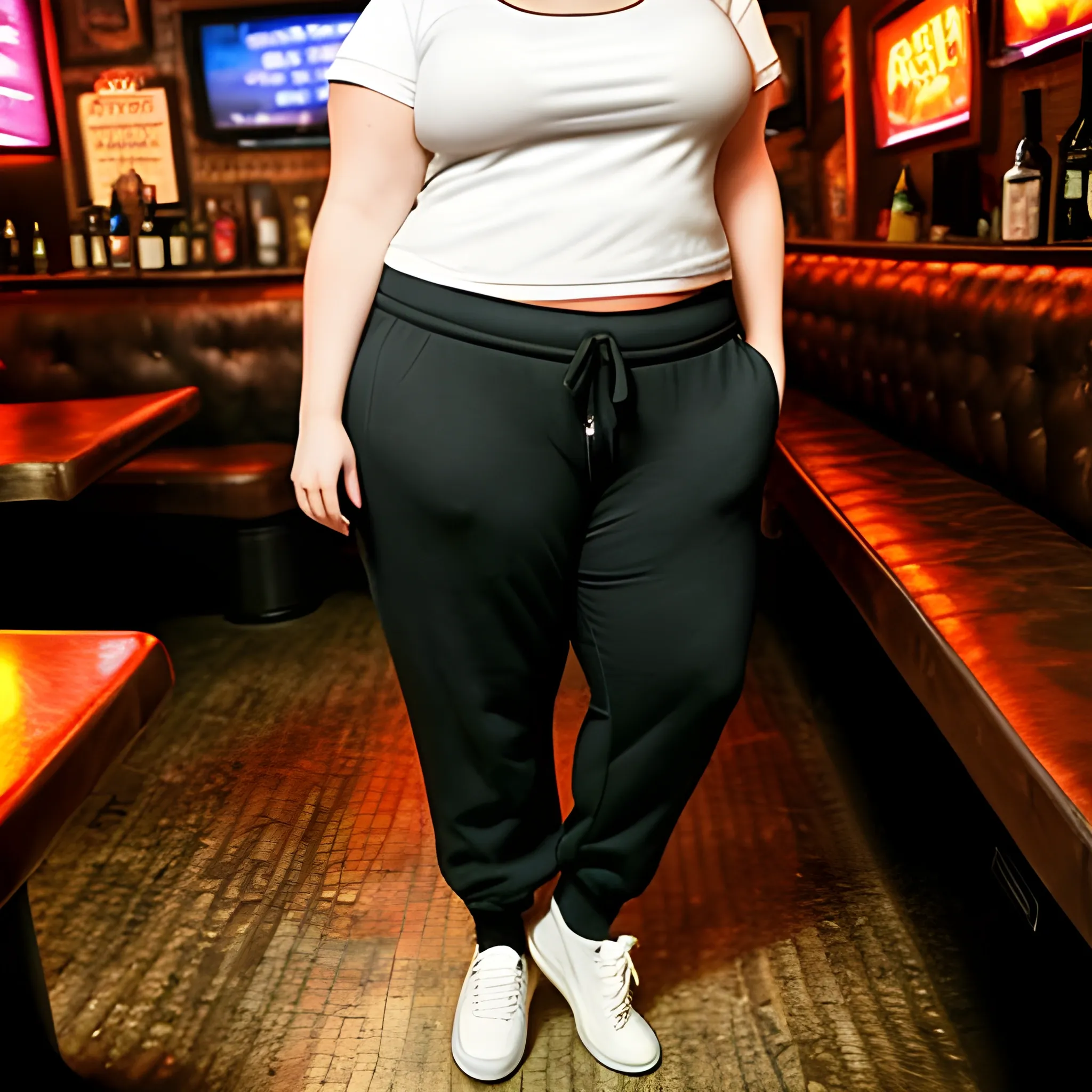 tall plus size brunette 31 year old bartender


with short hair

wearing a white tshirt and sweatpants
in a dive bar in brooklyn
