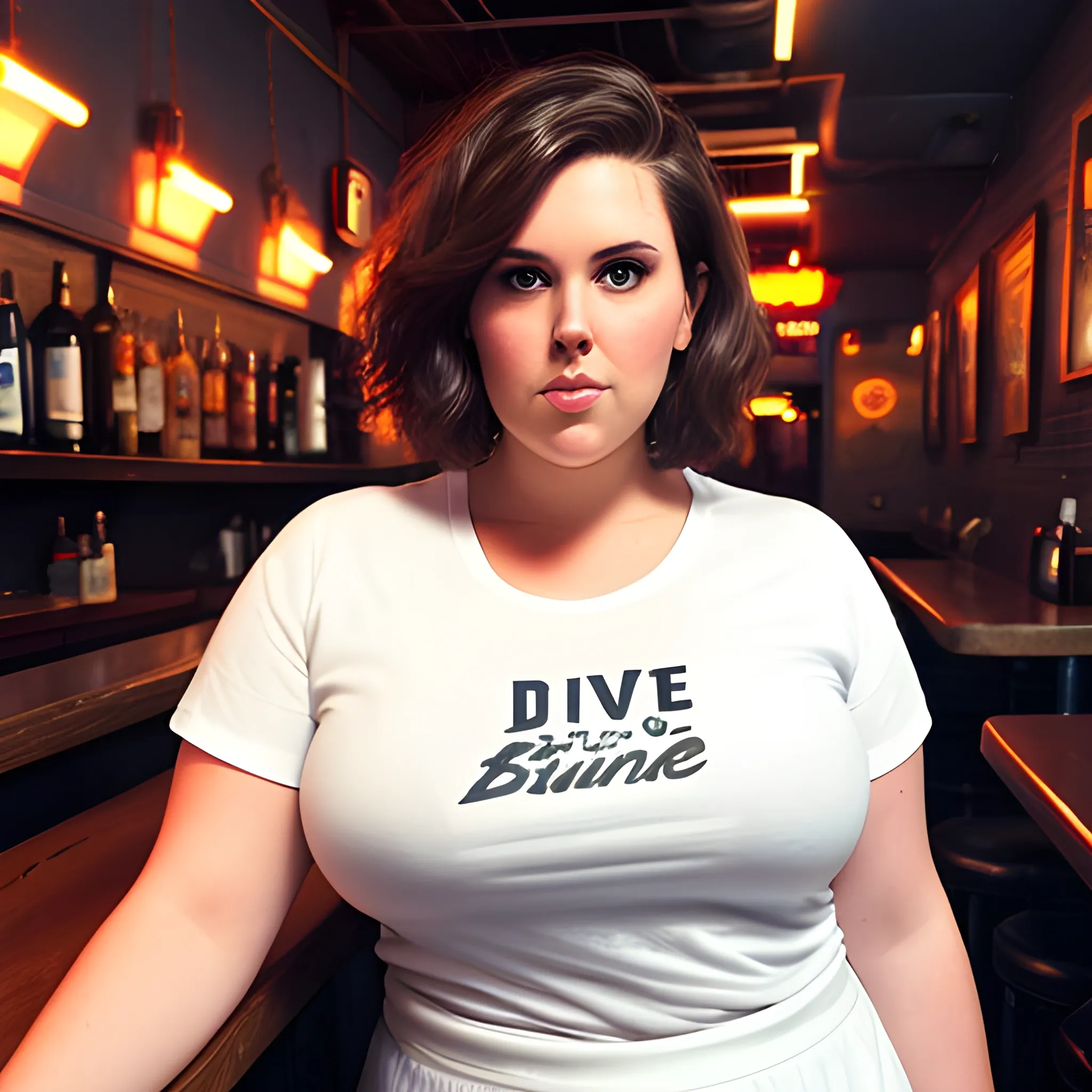 tall plus size brunette 31 year old bartender


with short hair

wearing a white tshirt and sweatpants
in a dive bar in brooklyn
