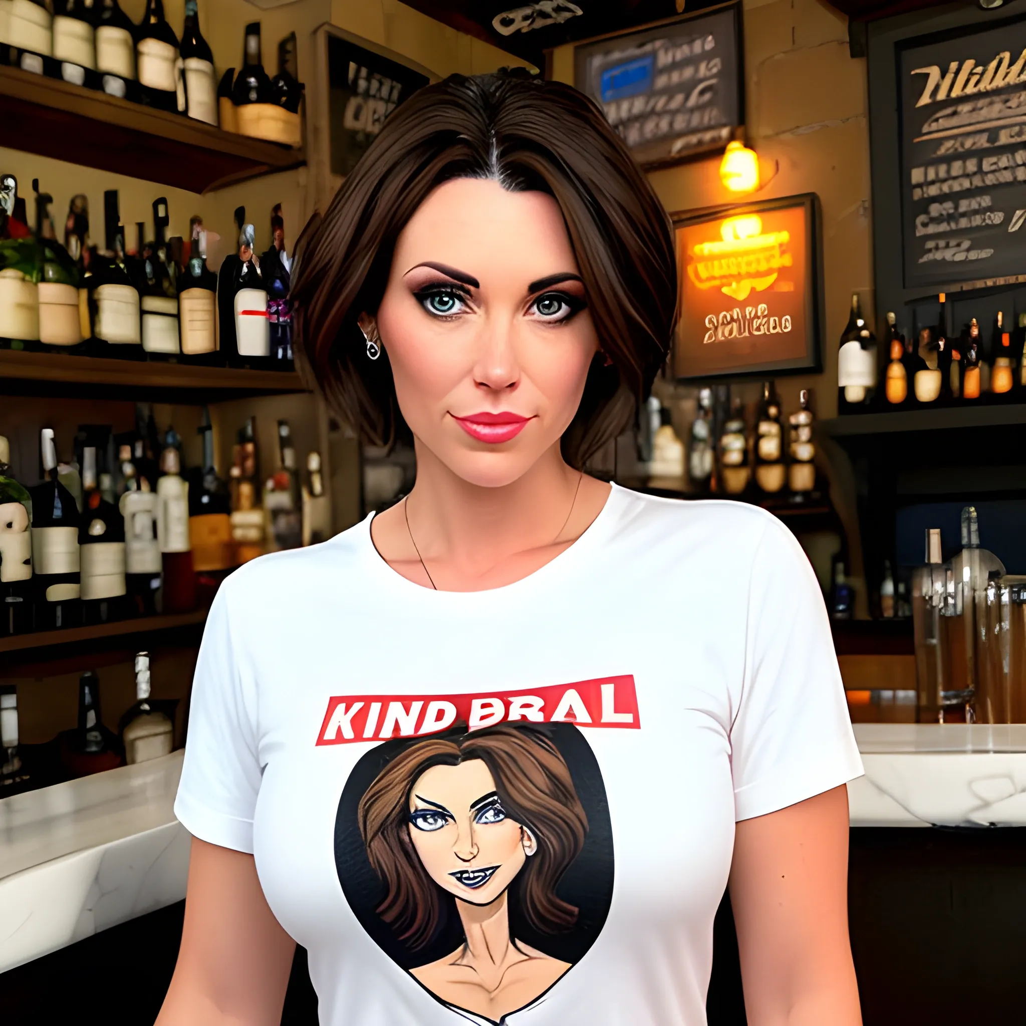  kind eyes brunette 37 year old bartender

air-head

with short hair

wearing a tshirt and sweatpants
in young ethels bar in brooklyn
