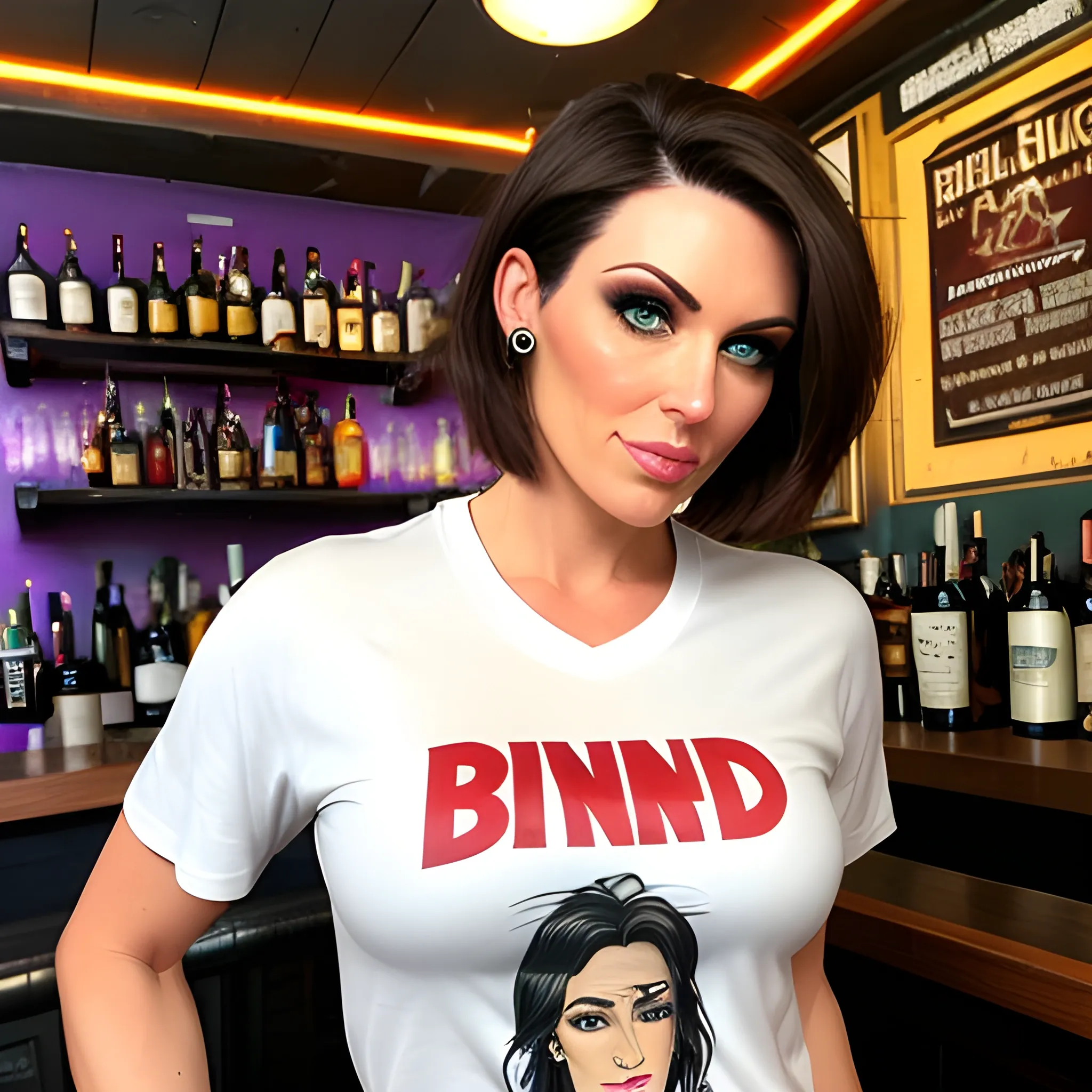  kind eyes brunette 37 year old bartender

air-head

with short hair

wearing a tshirt and sweatpants
in young ethels bar in brooklyn
