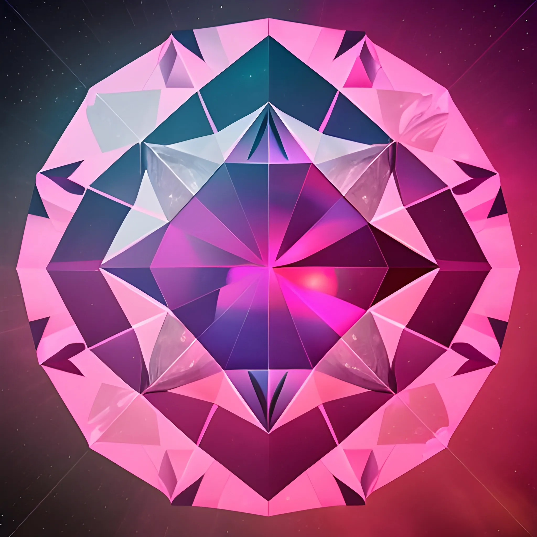 Geometric diamond on the background of space and planets, pink shades, noise, Trippy