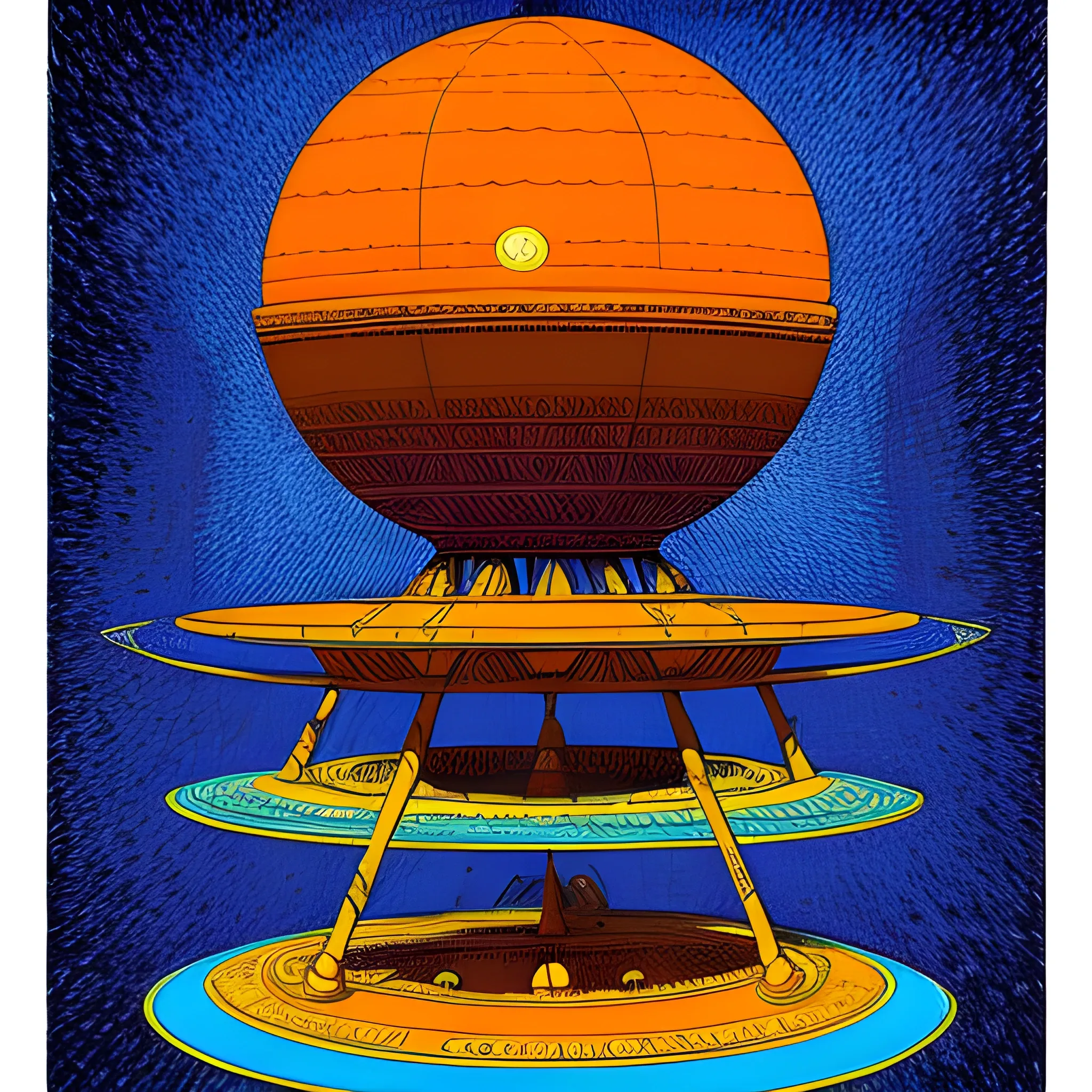 indian version of the Knoxville suns sphere tower, drawn in Jean Giraud art style