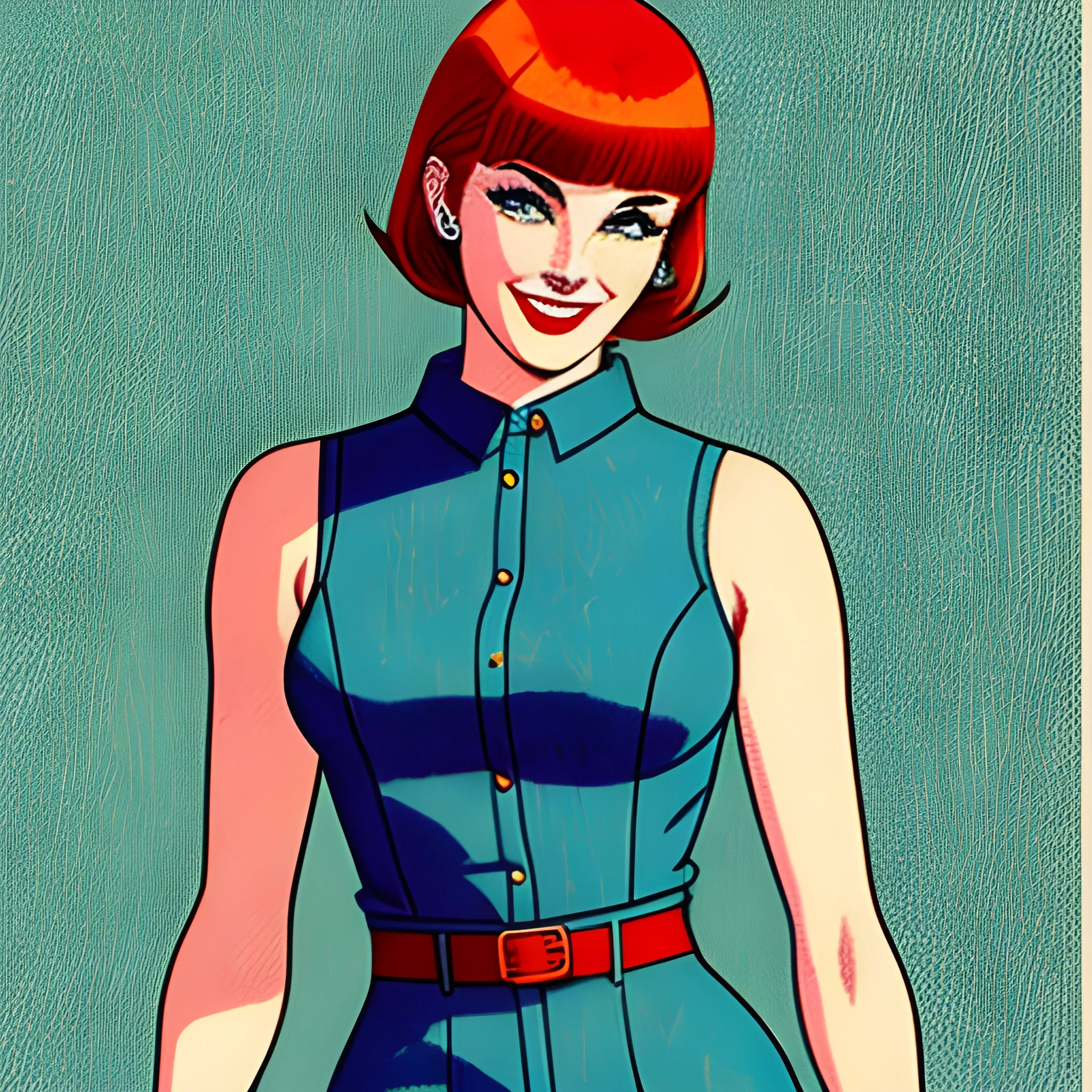 short haired red head college girl with bangs, wearing 1960's clothing, early 20's, smiling, drawn in Jean Giraud art style, full body shots