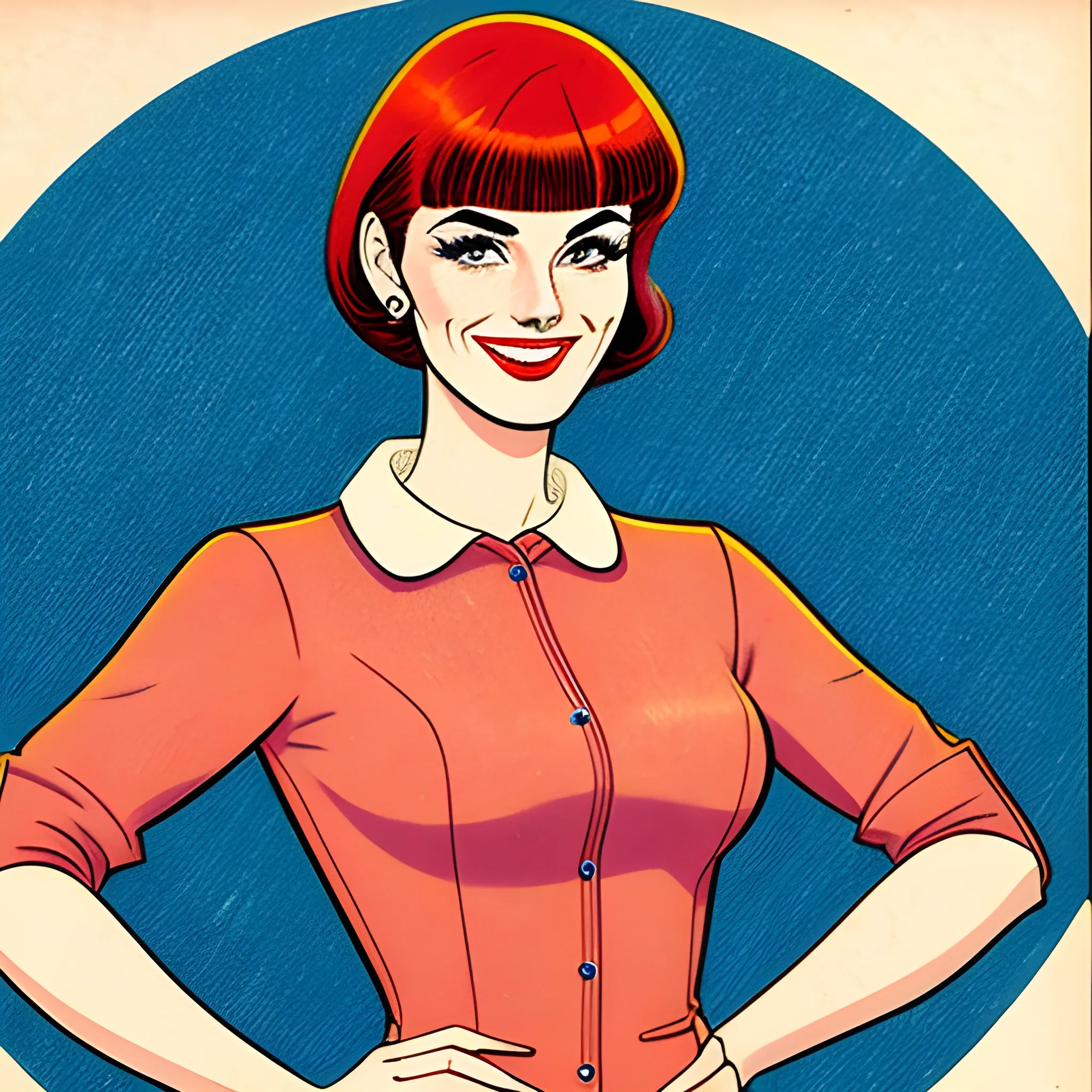 short haired, reddish brownhiaar, college girl with bangs, wearing 1960's clothing, early 20's, smiling, drawn in Jean Giraud art style, full body shots