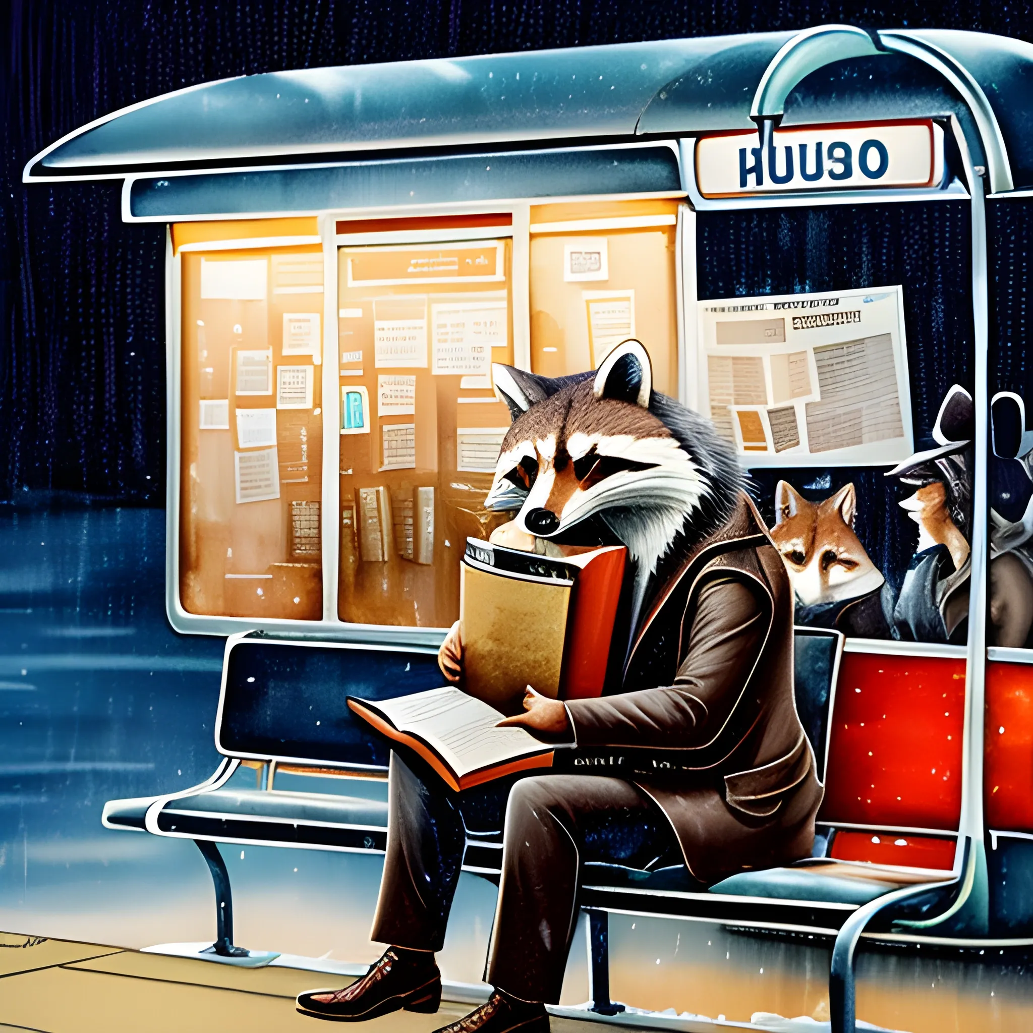 A man with a raccoon's head is sitting with a book on a bus stop with a roof in Montreal and reading. A girl with a fox's head is sitting next to him, resting her head on his shoulder. it's raining night. Advertisement., Water Color