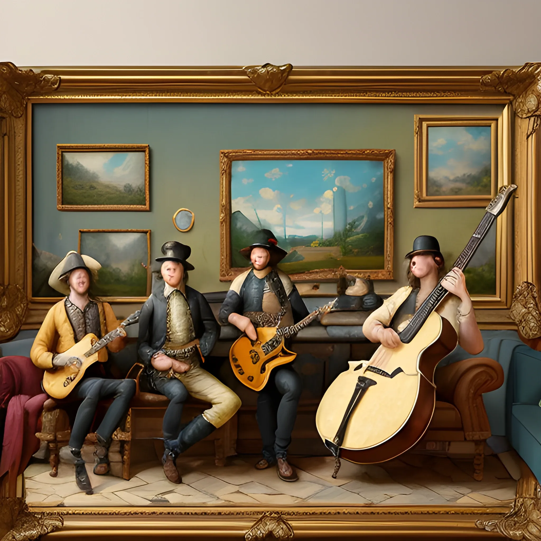 a rock band on a 1720 landscape painting living room art, in the style of timeless nostalgia, uhd image, sculpted impressionism, traditional street scenes, distinct framing --no frame, sofa --ar 3:2 --stylize 500 --v 6, Oil Painting