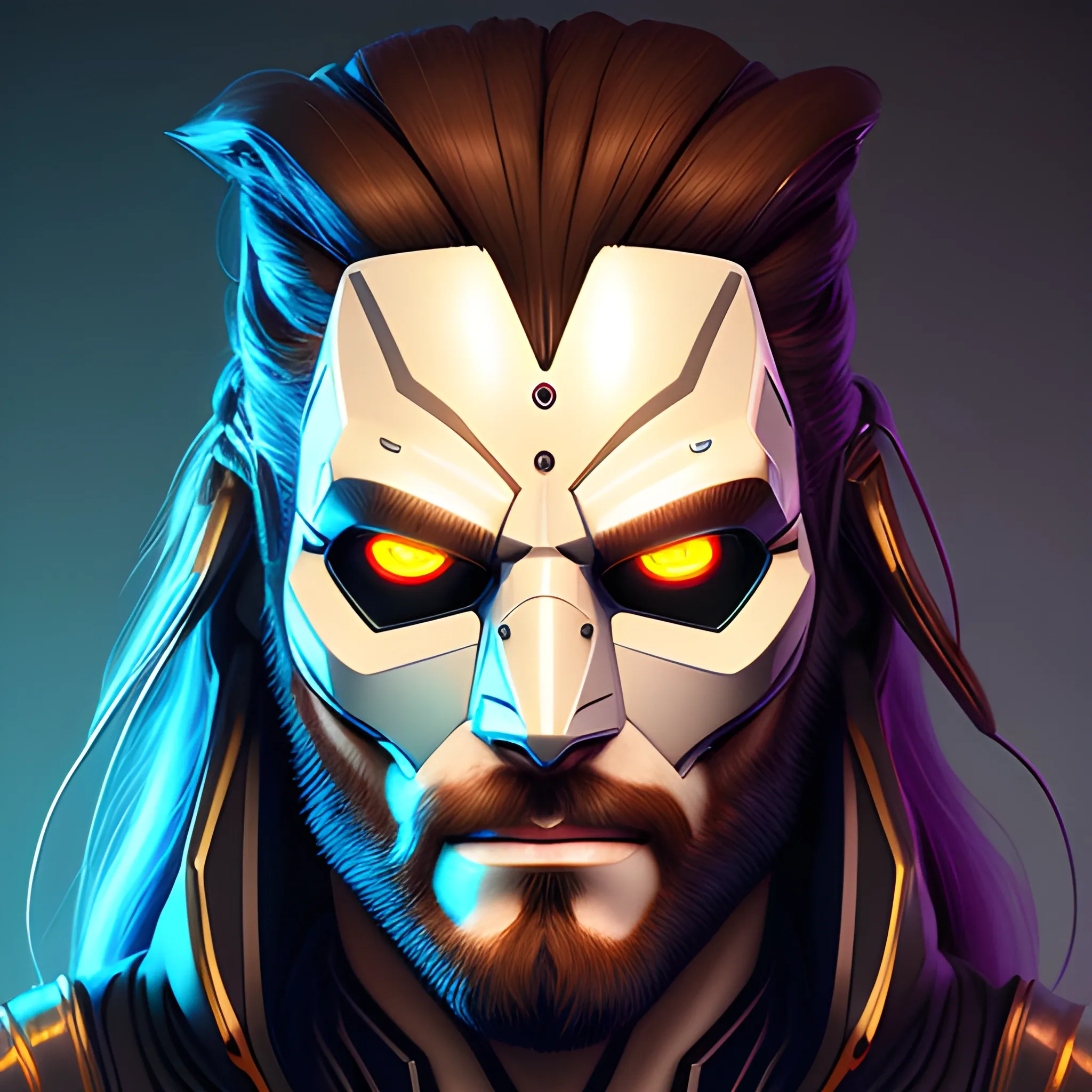 portrait of a long-haired guy in the cyberpunk style, an artistic mask in the fantasy style, a ninja robot, stylized digital illustration, clear focus, elegant intricate digital painting, concept art, global lighting, ray tracing, advanced technology, a lot of little things and a six-ring
