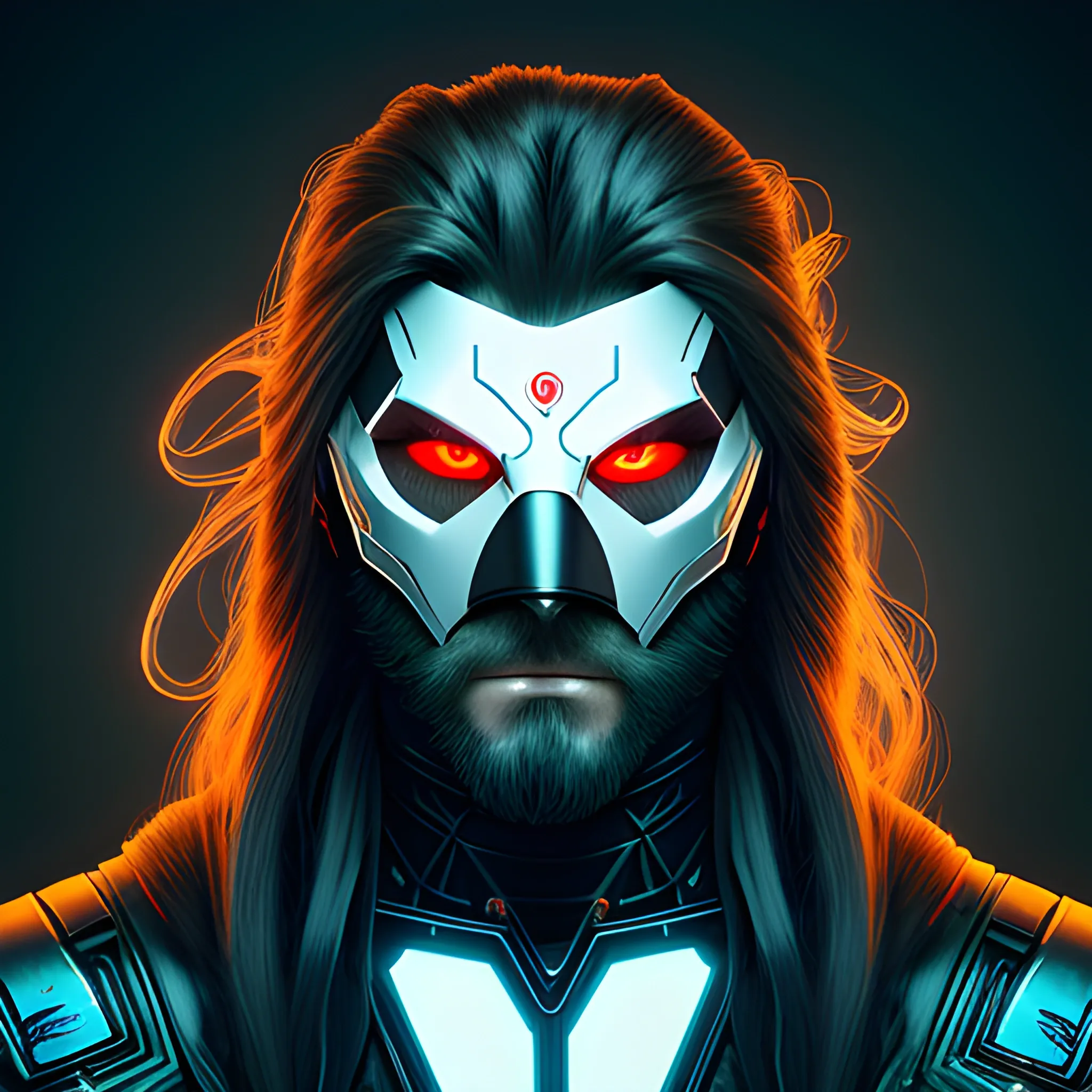 portrait of a long-haired guy in the cyberpunk style, an artistic mask in the fantasy style, a ninja robot, stylized digital illustration, clear focus, elegant intricate digital painting, concept art, global lighting, ray tracing, advanced technology, a lot of little things and a six-ring. photorealism, Trippy, 3D