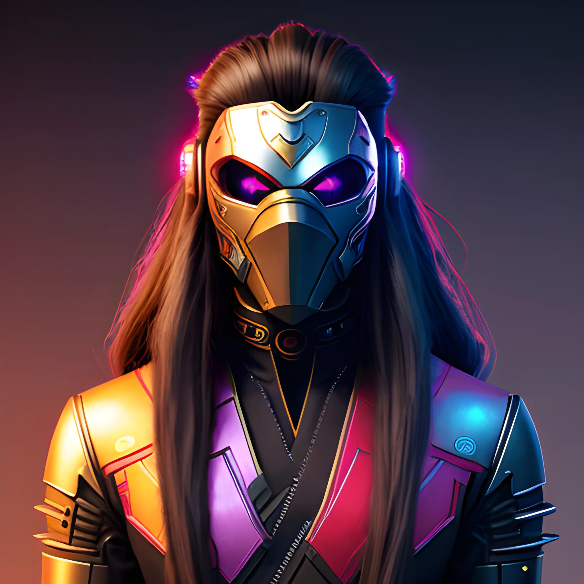 a long-haired guy in the cyberpunk style, an artistic mask in the fantasy style, a ninja robot, stylized digital illustration, clear focus, elegant intricate digital painting, concept art, global lighting, ray tracing, advanced technology, a lot of little things and a six-ring. photorealism, Trippy, 3D