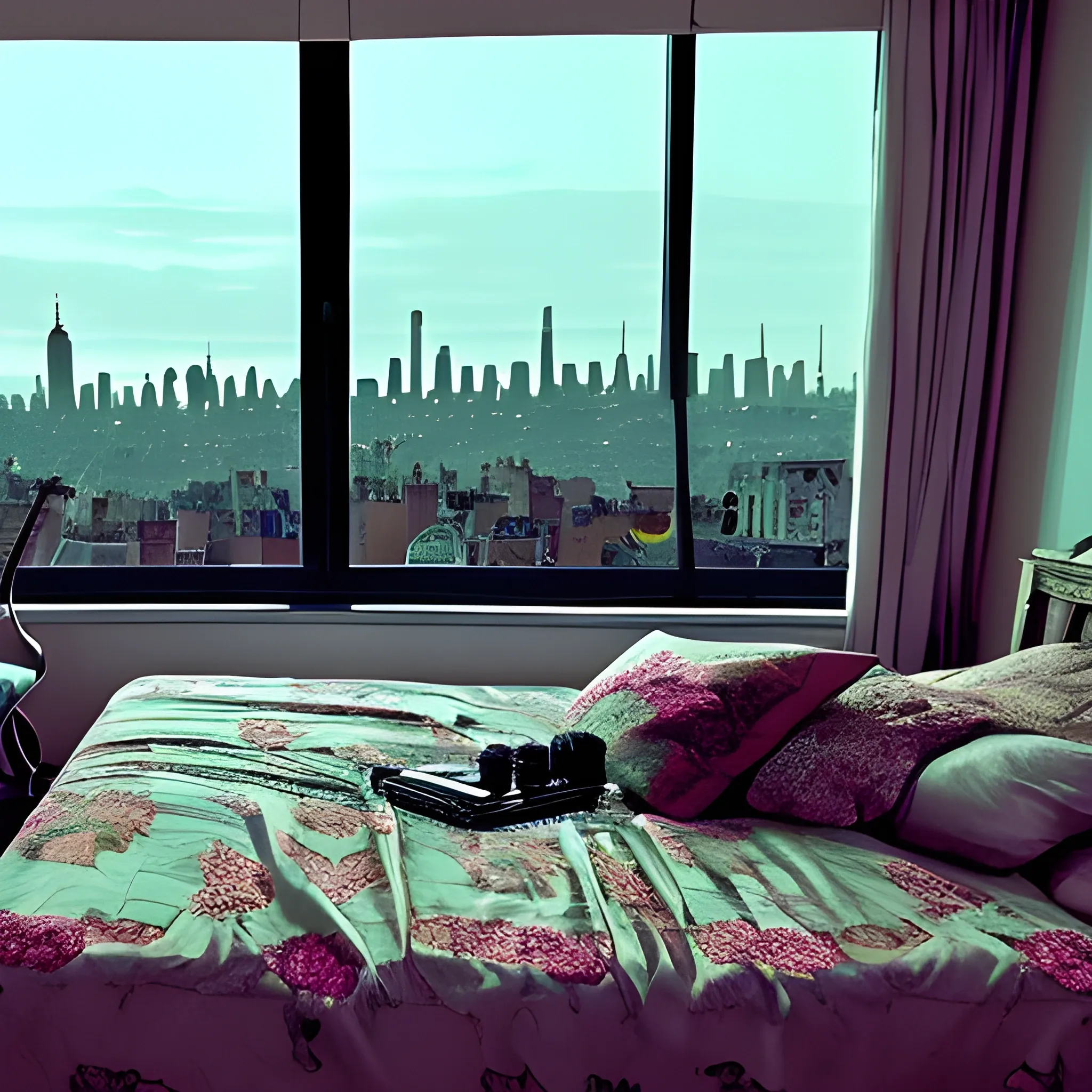 a rock band in A nicely decorated bed room with the view of the city 