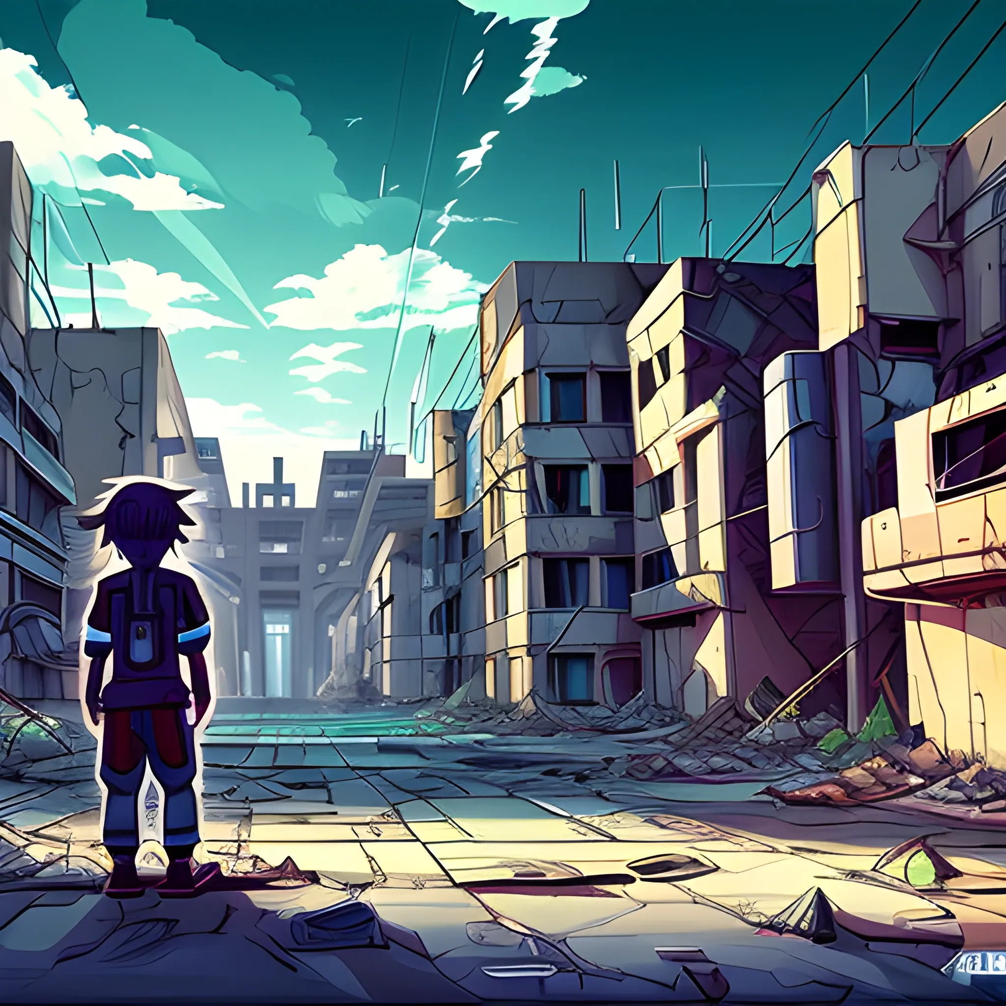Computer game characters on the background of an abandoned city. Anime, Cartoon