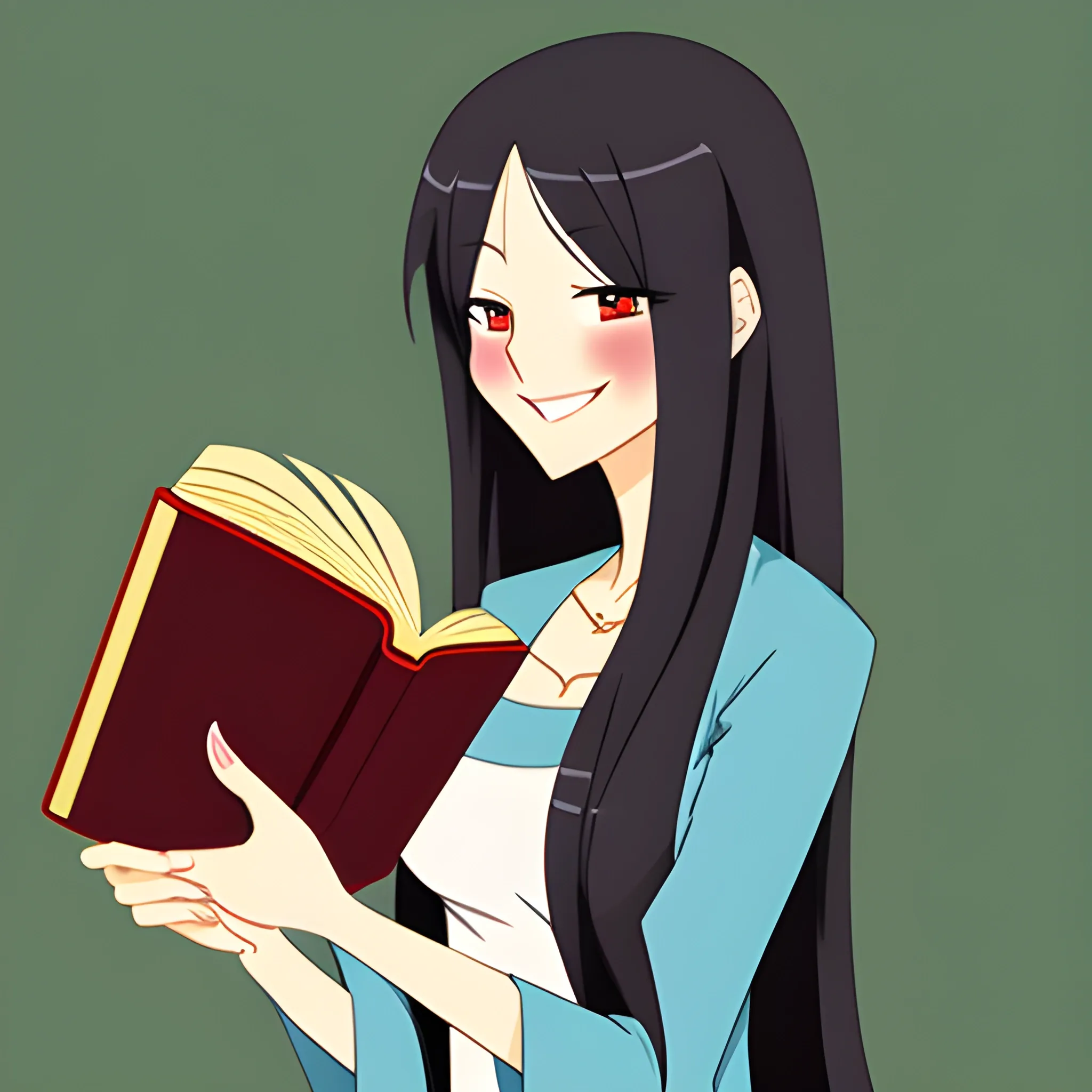 The girl with long hair is smiling and holding a book in her hands. Anime, Cartoon