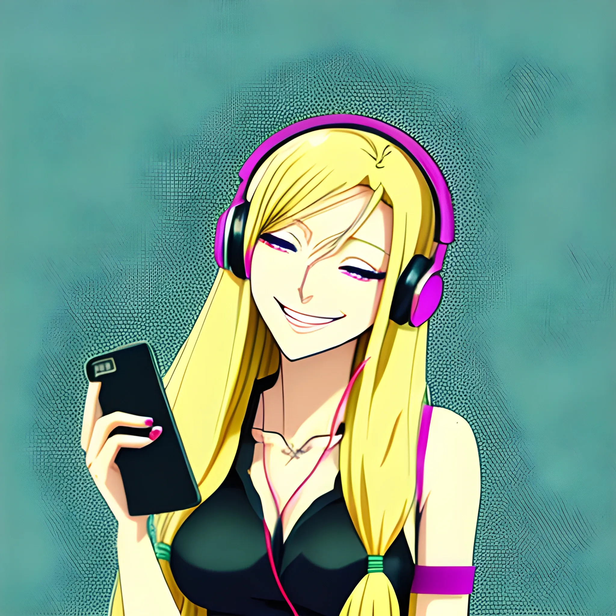 The blond girl with long hair is smiling, holding a phone in her hand and listen to music in headphones. Anime, Cartoon