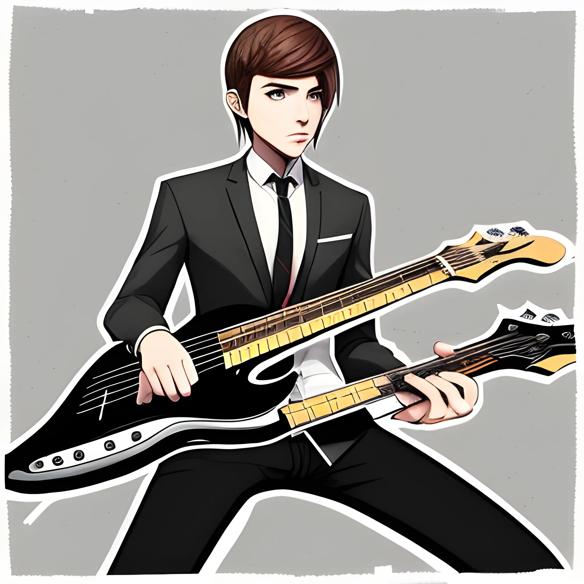 A guy with a bass guitar in a black skinny tie. A picture in the style of the game Life is strange, Anime, Cartoon