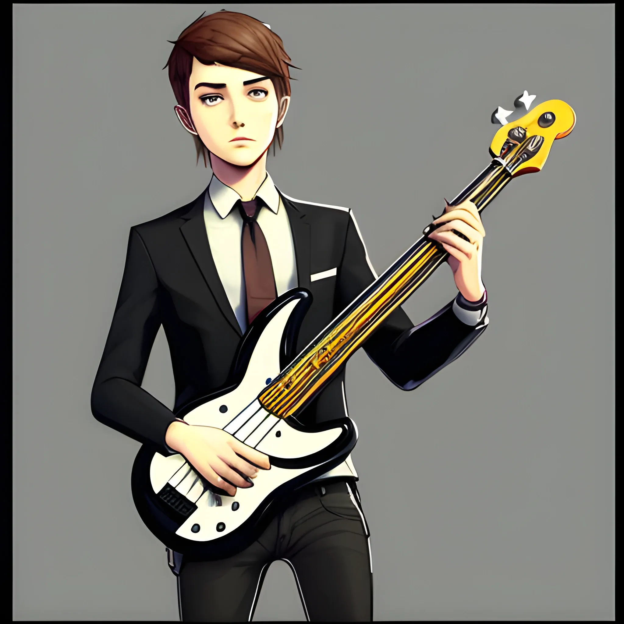 A guy with a bass guitar in a black skinny tie. A picture in the style of the game Life is strange, Anime, Cartoon