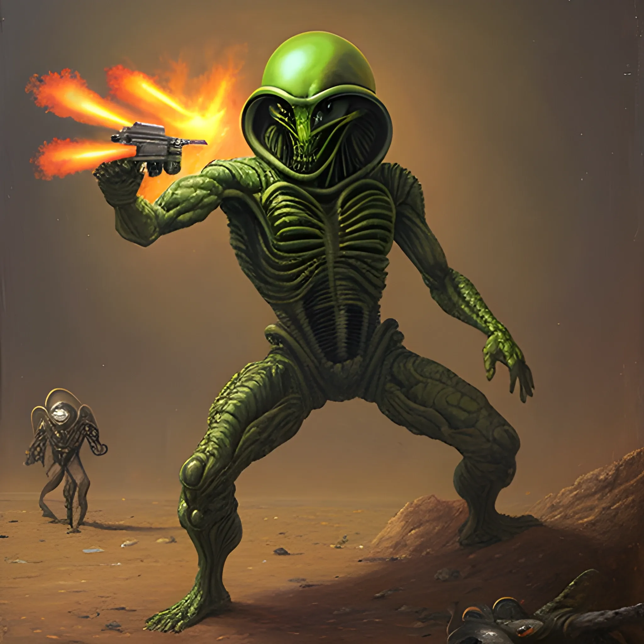 Man firing his pistol at an alien, Oil Painting