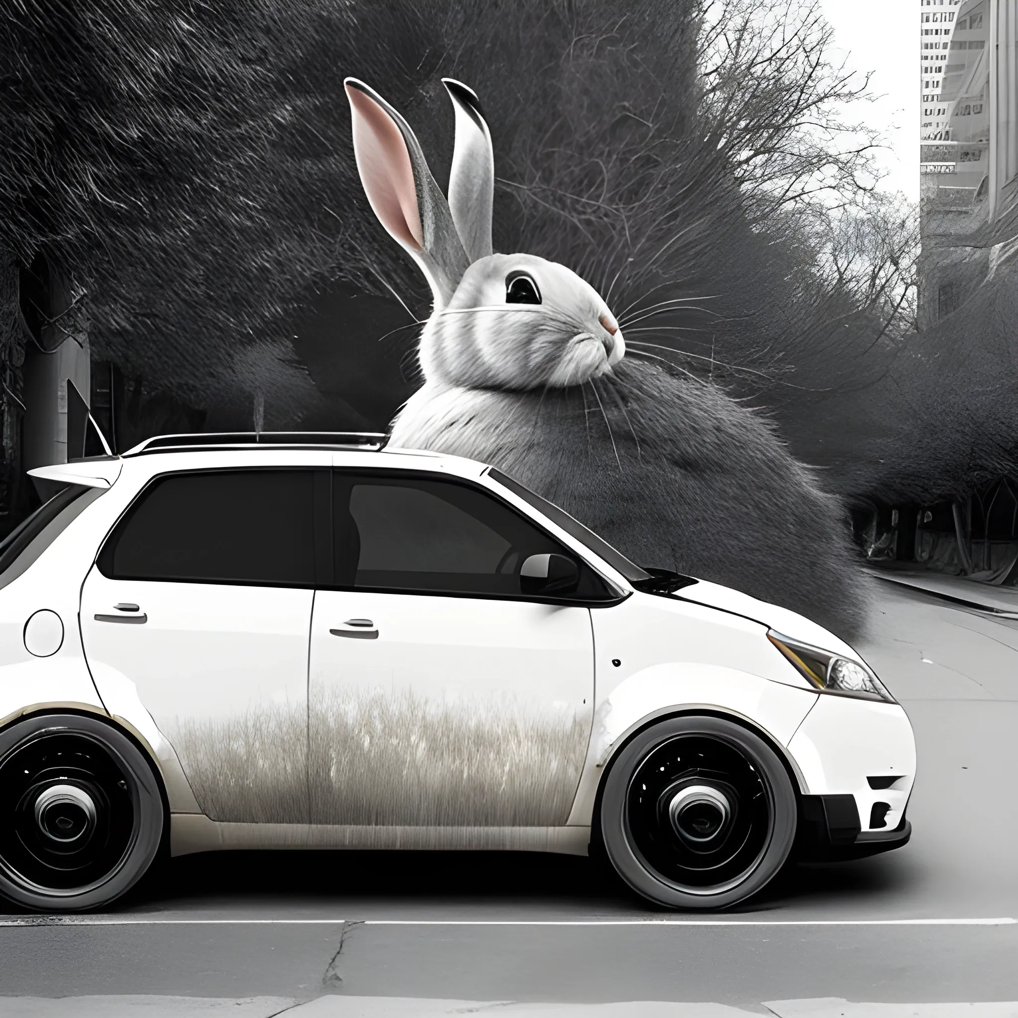 a giant rabbit eats a car, photography