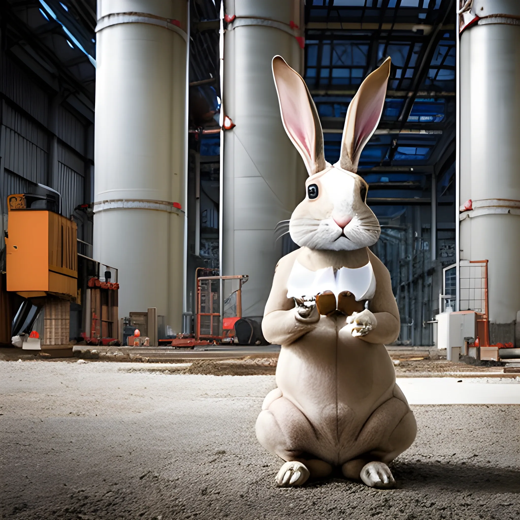 un grand lapin mange du métal devant une usine, photographie