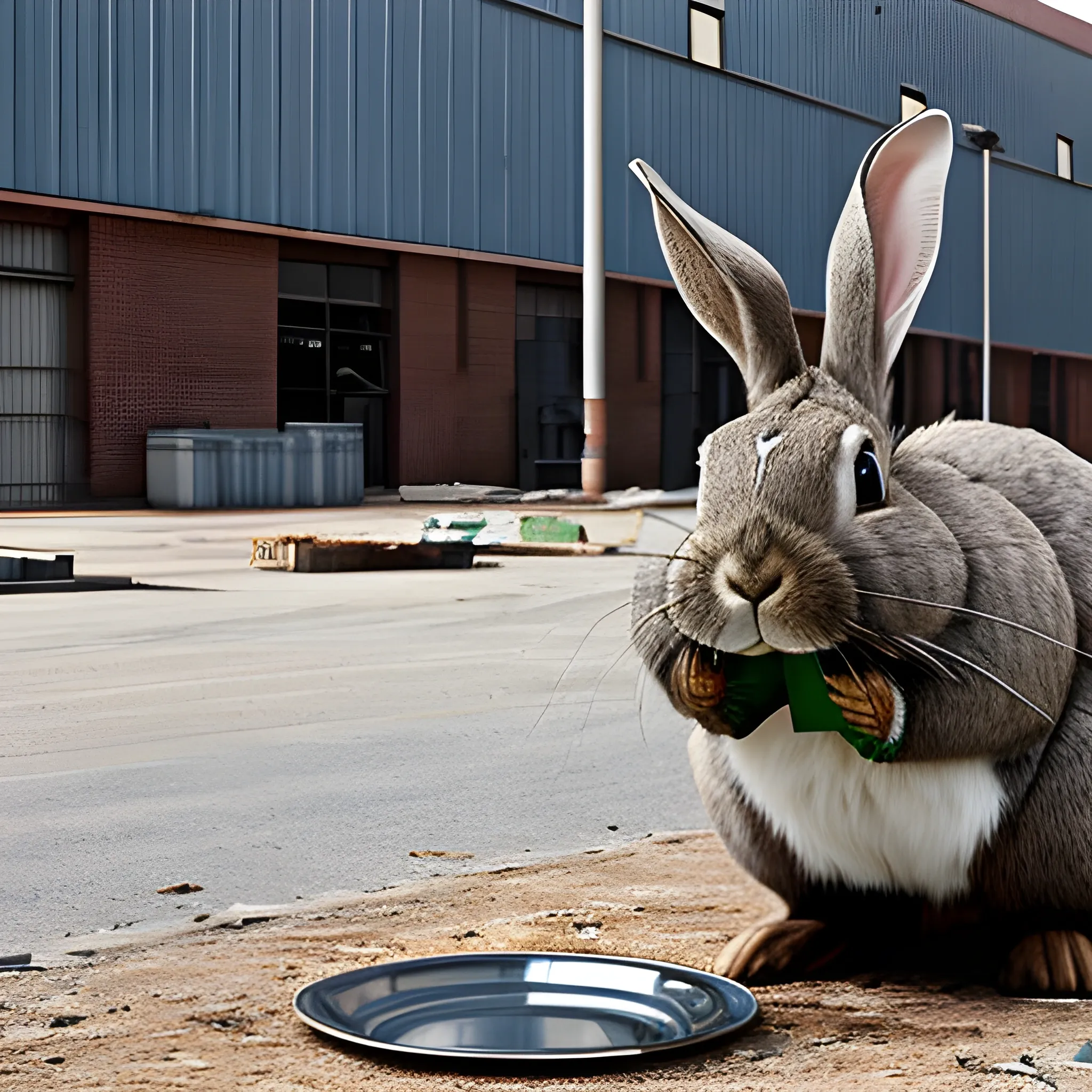 a large rabbit eats metal plates in front of a factory, photograph