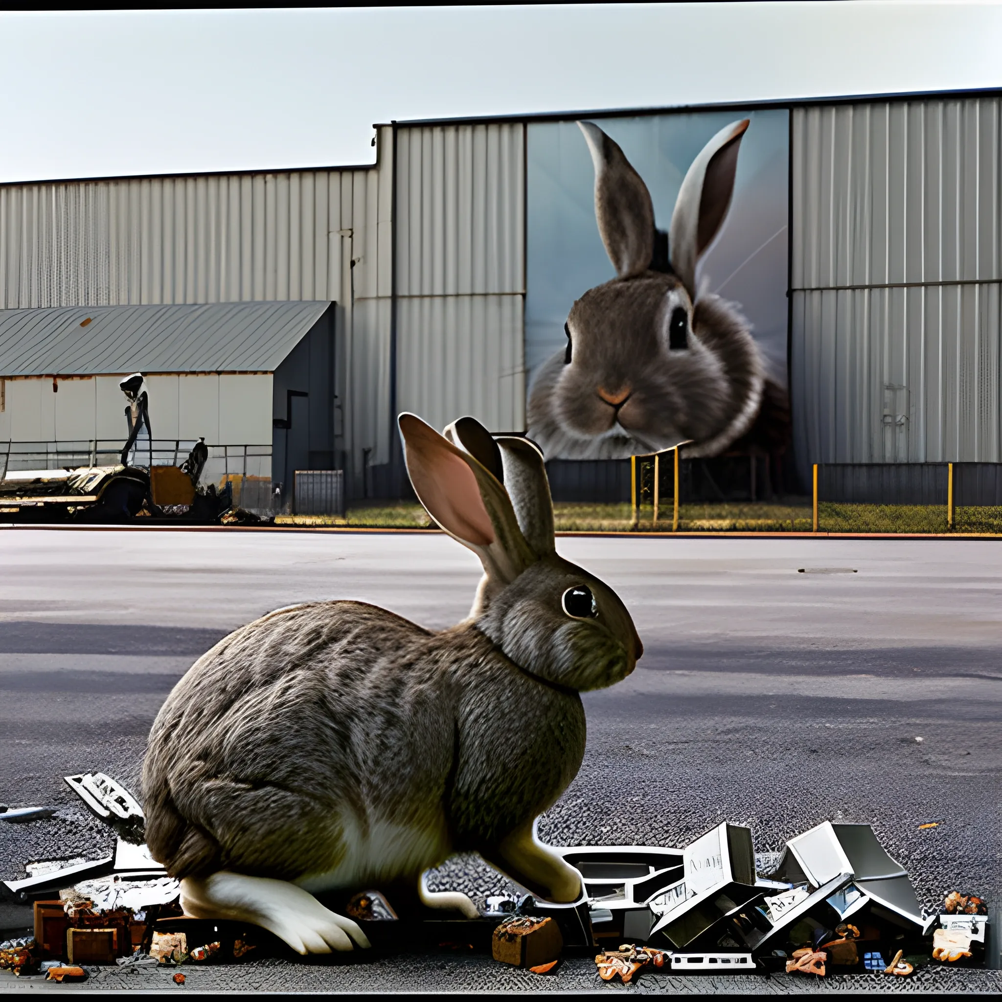 a large rabbit devours pieces of metal in front of a factory, photograph